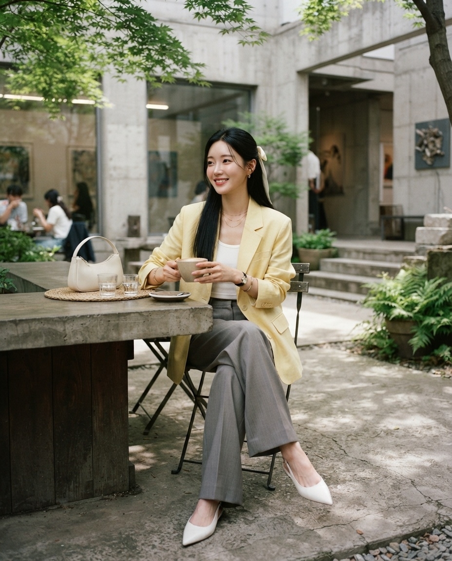 SKIPIKS AI fashion editorial — chic, classic, modern — The yellow blazer paired with gray slacks creates a fresh yet sophisticated vibe