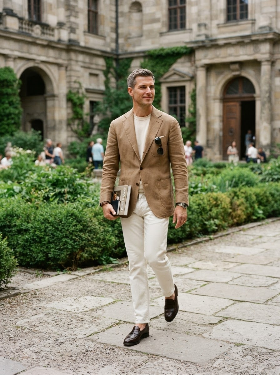 SKIPIKS AI fashion editorial — smartcasual, preppy, minimalist — The combination of a brown blazer and cream t-shirt delivers a sophisticated loo