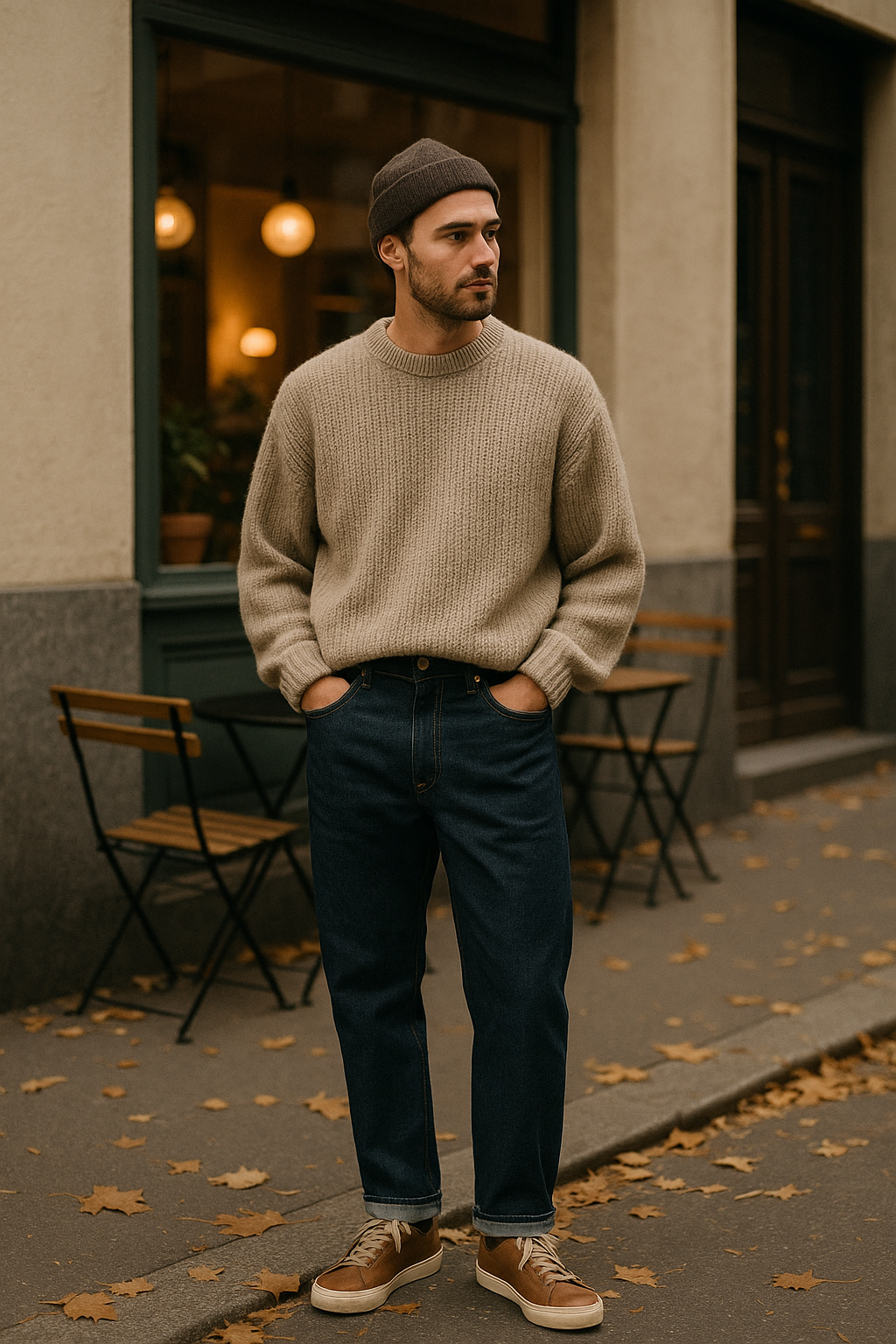 SKIPIKS AIファッション写真 — casual, vintage, streetwear — ニットセーターとジーンズが組み合わさり、温かい秋の雰囲気を醸し出します。ベージュとネイビーの組み合わせがカジュアルでありながら洗練された印象を与えます。ブラウン
