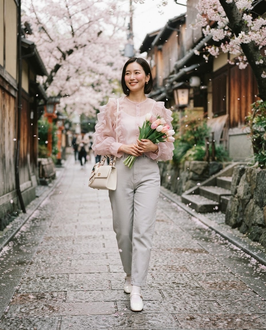 SKIPIKS AI fashion editorial — feminine, romantic — The vibrant pink blouse paired with white pants creates a romantic mood, reminis