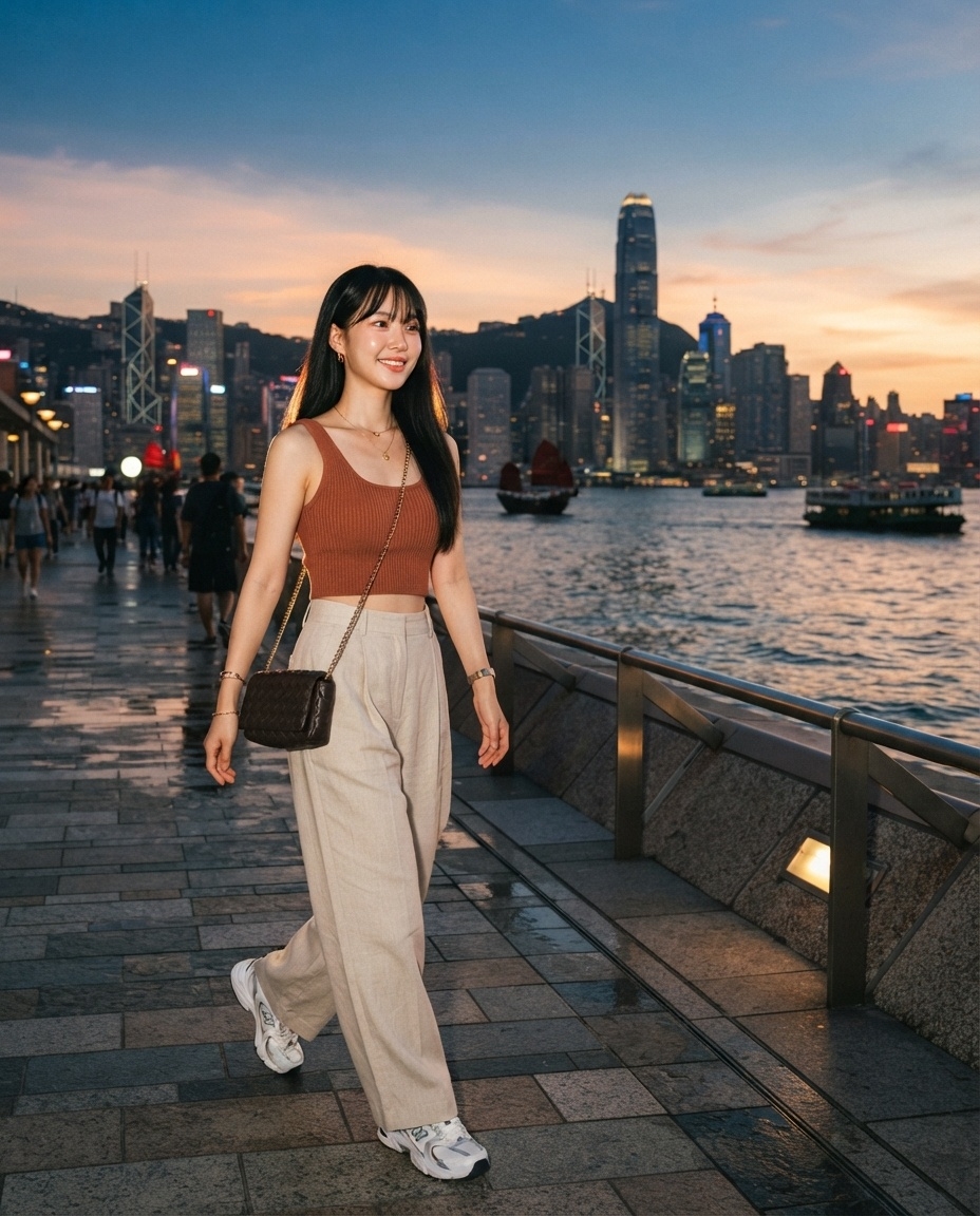 SKIPIKS AI fashion editorial — casual, comfortable — Create a cool yet chic summer vibe with a brown tank top and beige wide-leg pant