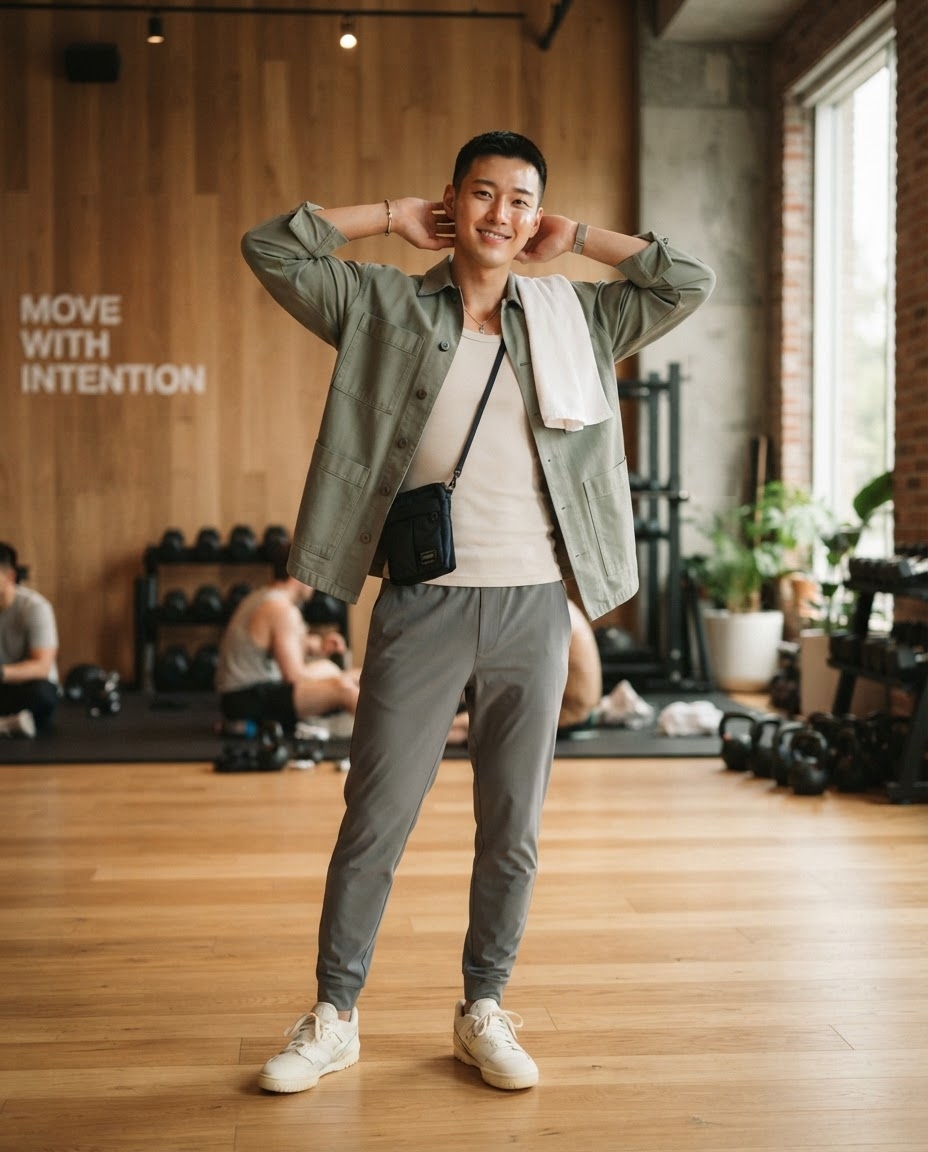 SKIPIKS AI fashion editorial — casual, modern — The khaki shirt jacket paired with a beige henley tee creates a sophisticated ye