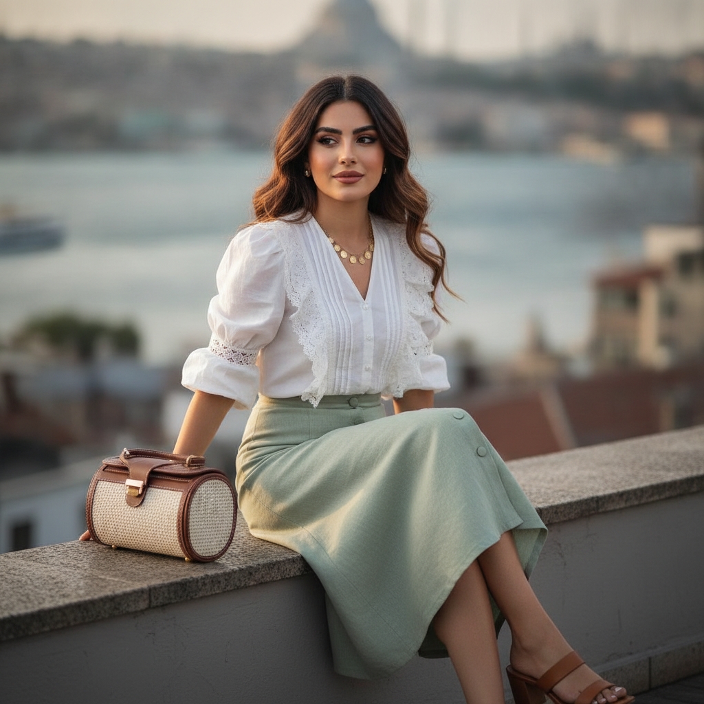 SKIPIKS AI fashion editorial — vintage, feminine, romantic — Complete a romantic mood with a white blouse and mint skirt combination. Adding 