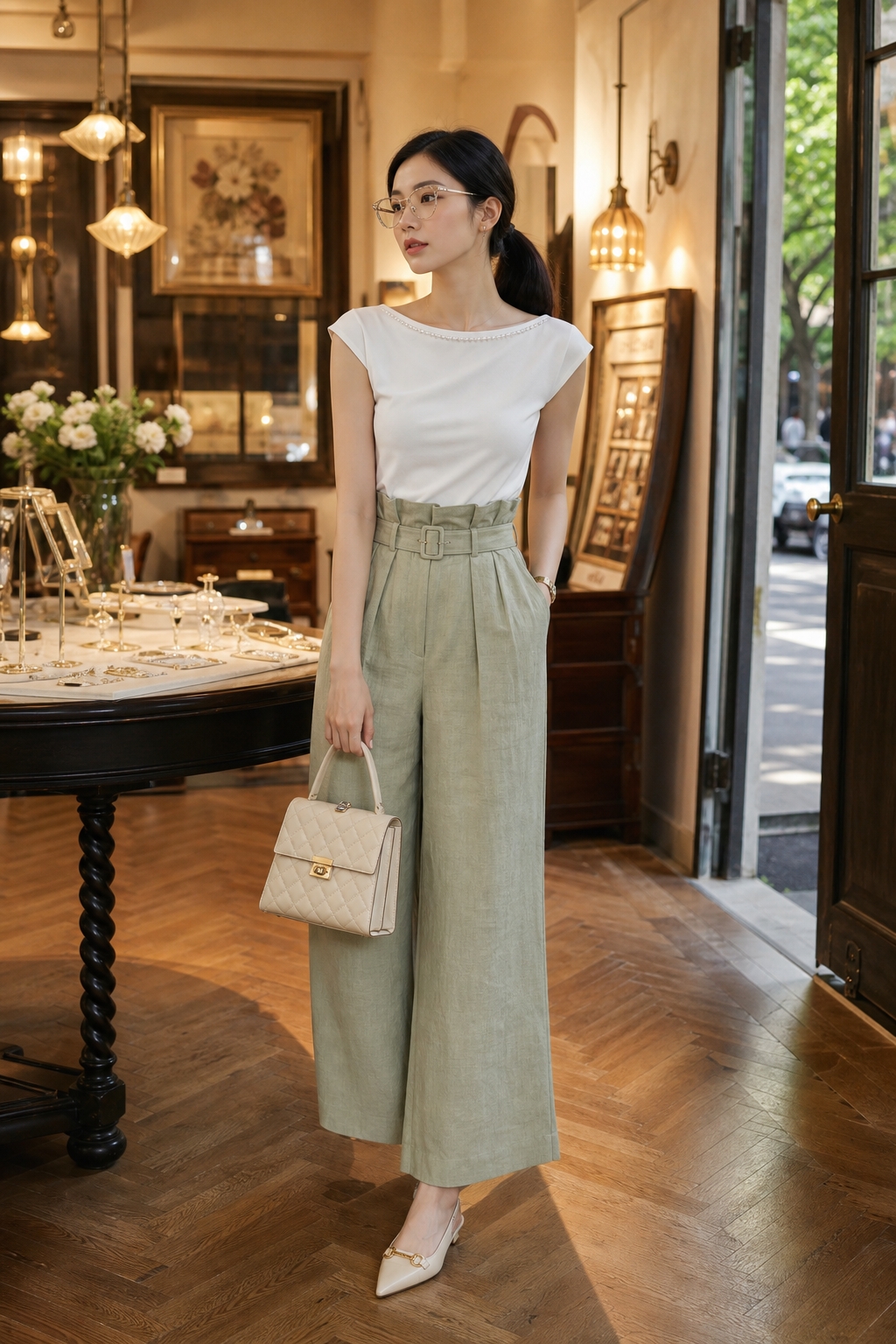 SKIPIKS AI 패션 화보 — minimalist, chic — 매력적인 화이트 탑과 부드러운 연두색 린넨 팬츠가 시원한 여름 분위기를 선사해요. 베이지 색상의 클래식 백과 슬링백 슈즈를 매치해 심플하면서도 