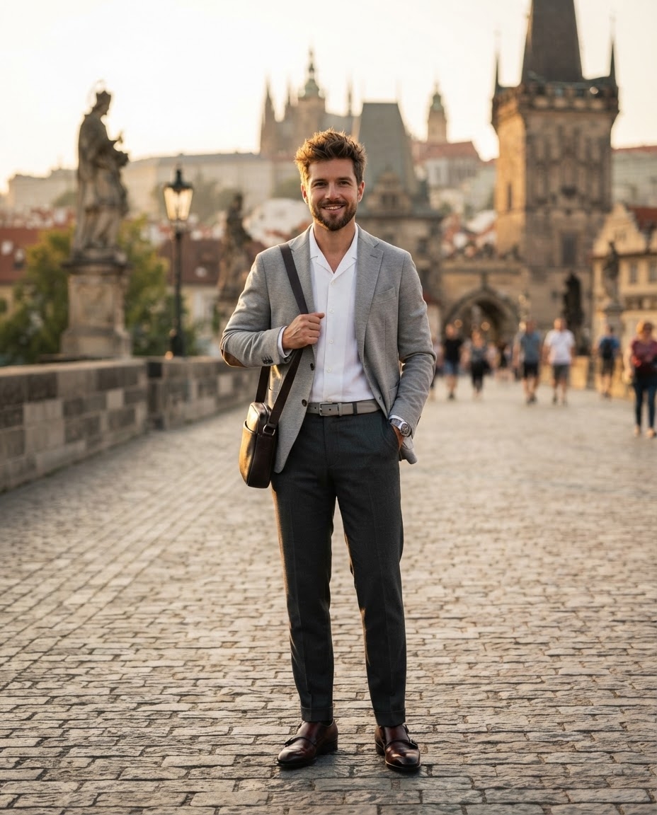SKIPIKS AIファッション写真 — smart, business_casual — 洗練されたグレーのブレザーと清潔感のある白シャツが調和し、高級感を演出します。足元にはスラックスとクラシックなブラウンのローファーを合わせてフォーマルな印象を引
