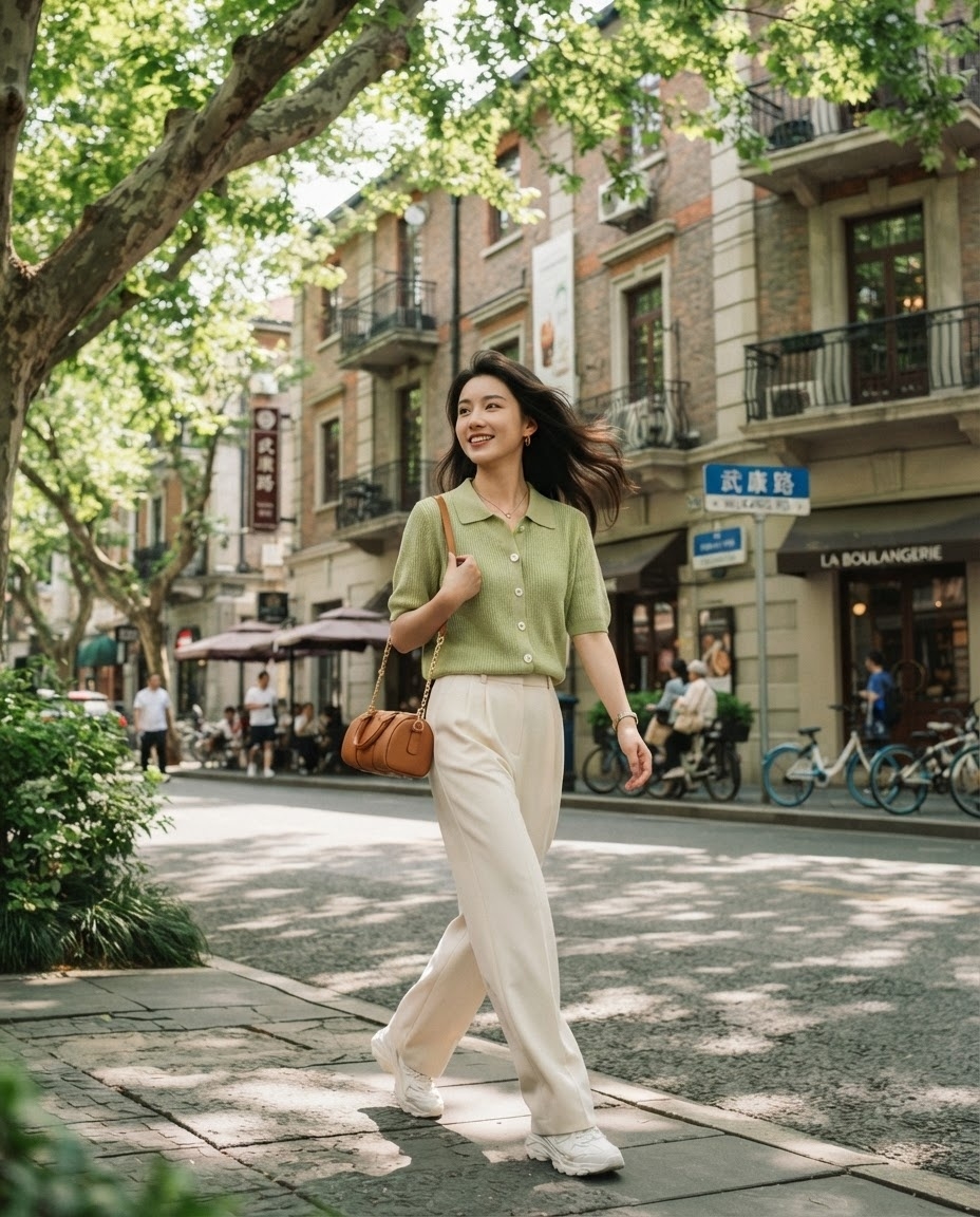 SKIPIKS AIファッション写真 — casual, chic — ミントグリーンのニットカーディガンがポイントの洗練されたスタイルです。ワイドパンツと合わせて、快適でありながら上品な雰囲気を演出してください。デイリールックとし