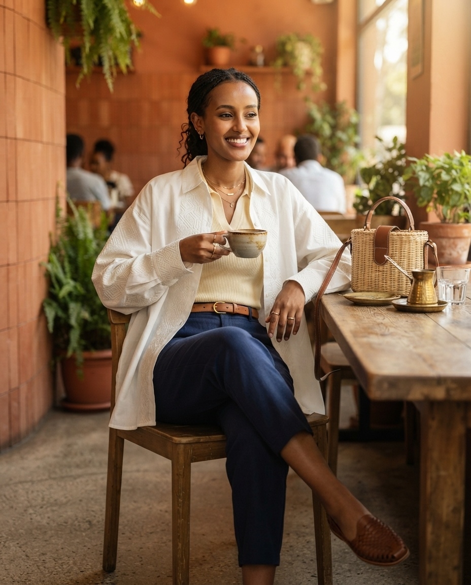 SKIPIKS AI fashion editorial — casual, chic — An ivory-toned knit paired with a white shirt creates a clean and classic mood. 