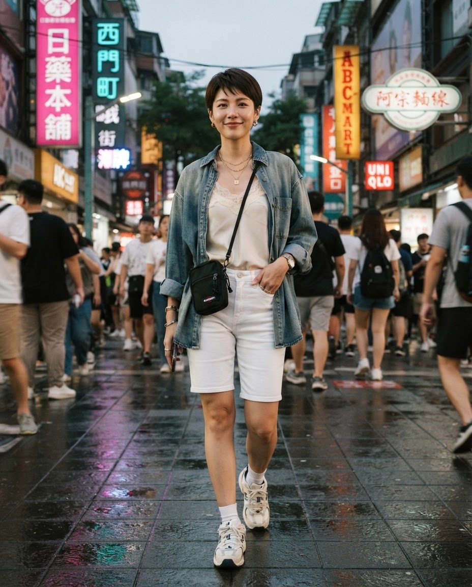 SKIPIKS AI fashion editorial — casual, streetwear — This casual summer look features a charming blend of a denim shirt and white ite