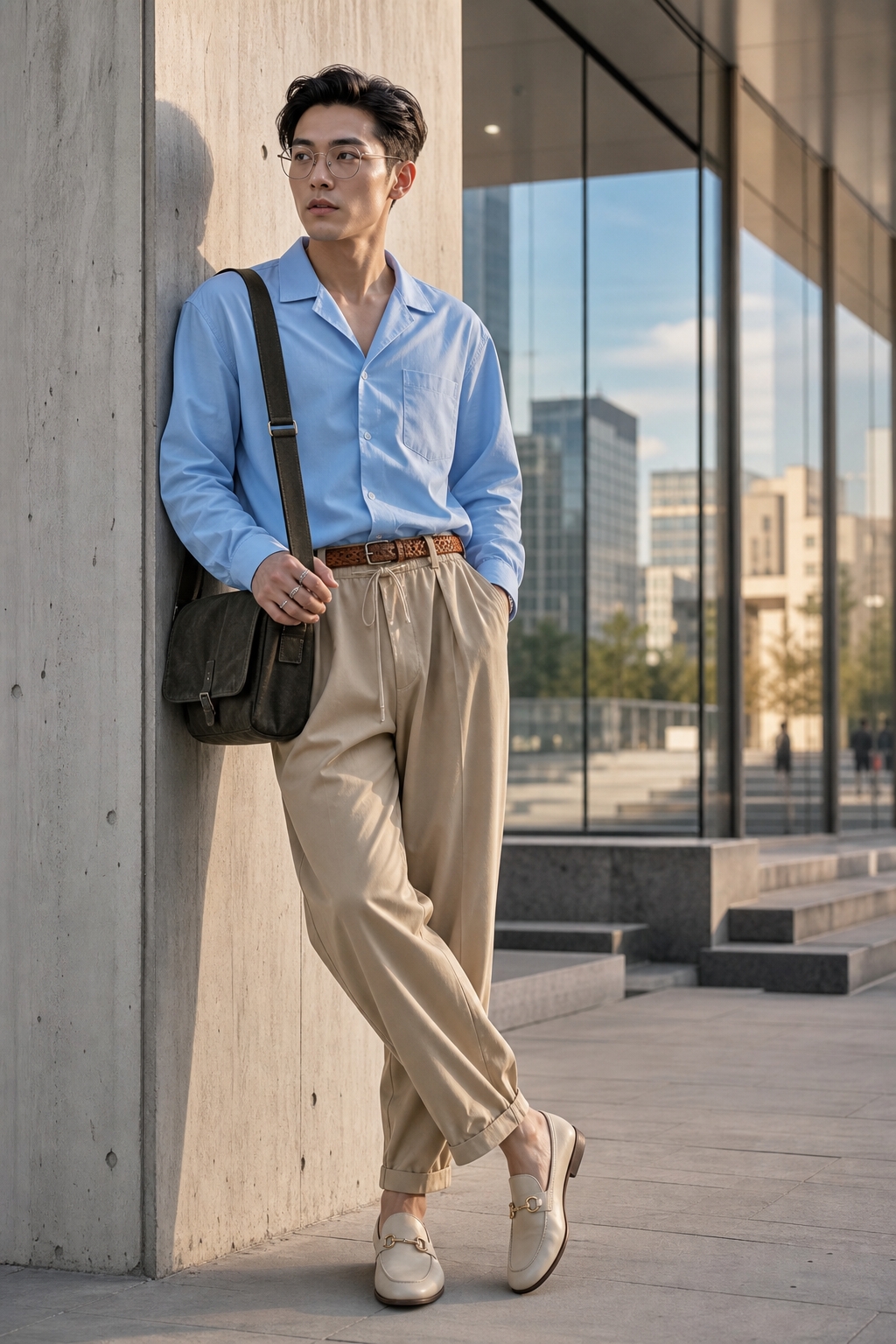 SKIPIKS AI fashion editorial — minimalist, urban — The combination of a blue shirt and beige pants exudes a clean, urban vibe. Pair