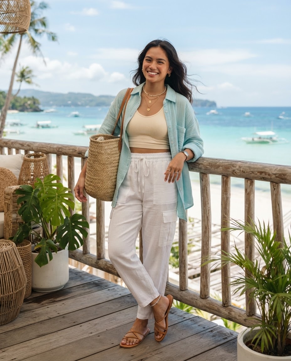 SKIPIKS AI 패션 화보 — beachwear, casual, feminine — 화사한 하늘색 셔츠와 베이지 톤 크롭탑이 주는 산뜻한 여름 느낌이 인상적입니다. 흰색 린넨 팬츠와 라탄 백을 매치해 경쾌하면서도 자연스러운 매력