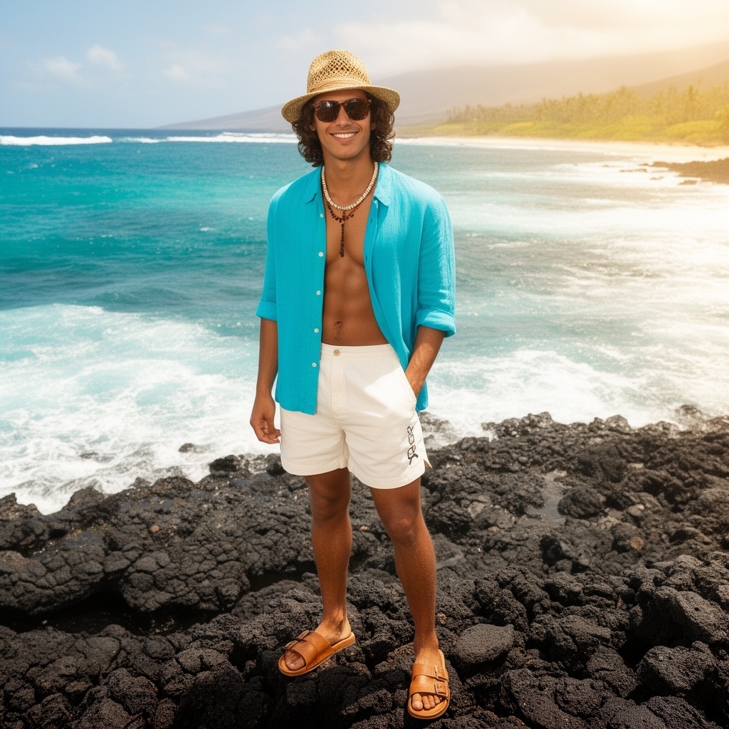 SKIPIKS AI时尚大片 — beach, casual — 用青绿色亚麻衬衫和米色短裤营造清爽的夏季氛围。帽子和棕色凉鞋增添了休闲感，非常适合海滩或夏季假期。推荐给朋友的假期或海滩约会散步。