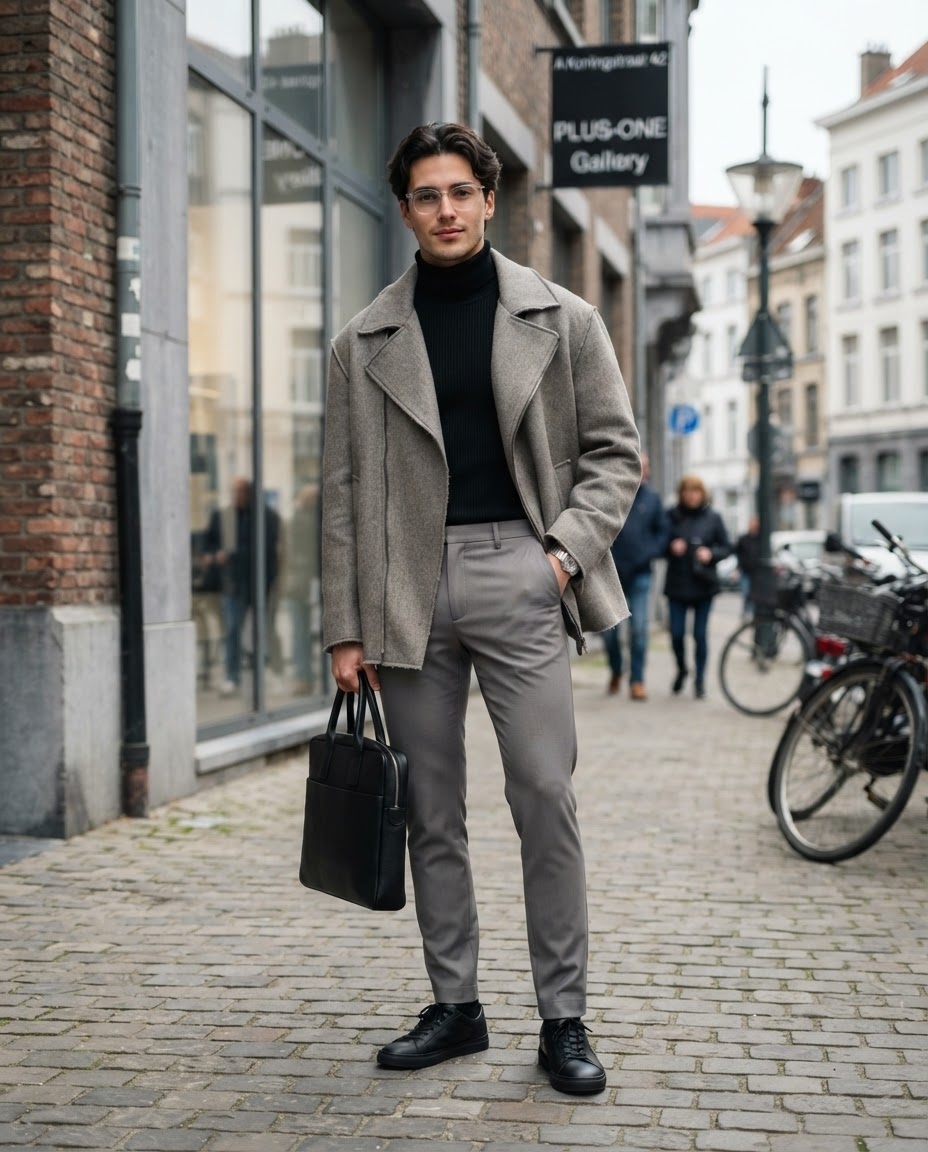SKIPIKS AI fashion editorial — minimalist, formal, urban — Create an urban yet sophisticated vibe with a sleek beige coat and black turtlen