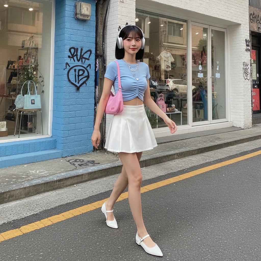 SKIPIKS AIファッション写真 — feminine, playful, streetwear — 涼しげなブルーのクロップトップとホワイトスカートの組み合わせが爽やかなスタイルです。ピンクのショルダーバッグとメリージェーンシューズを合わせて可愛らしいムードを