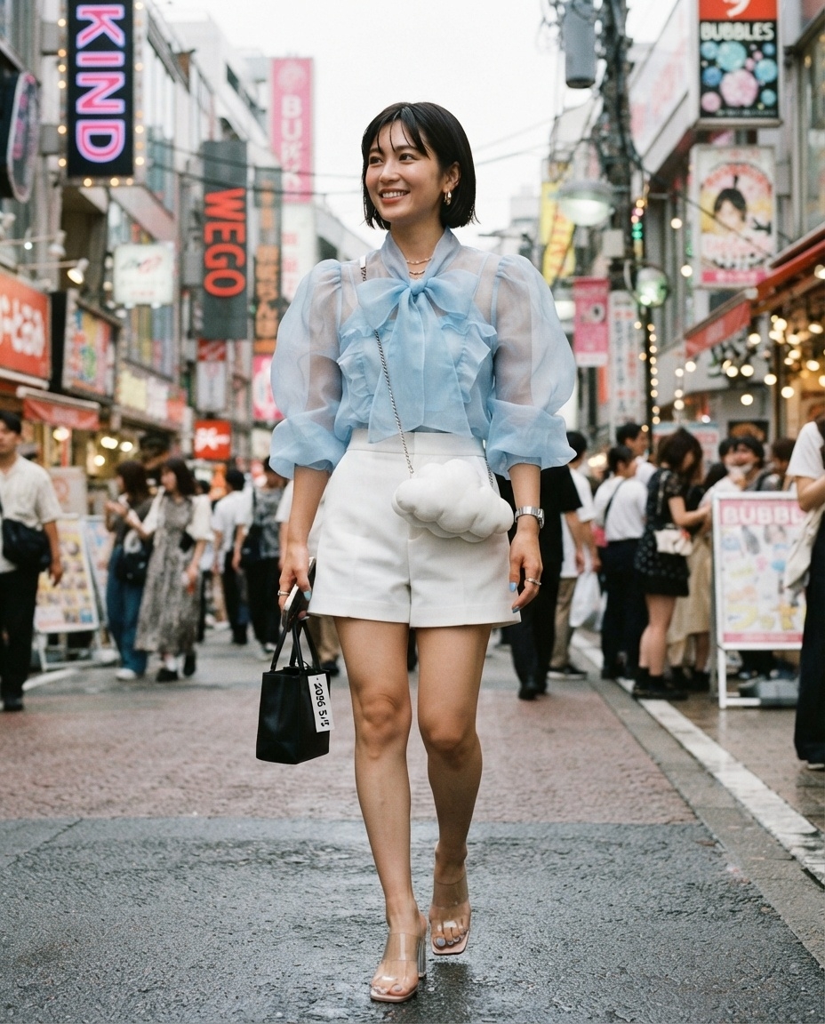 SKIPIKS AI fashion editorial — feminine, streetwear — The sky-blue sheer blouse emphasizes a feminine and lively vibe. Pair it with a 
