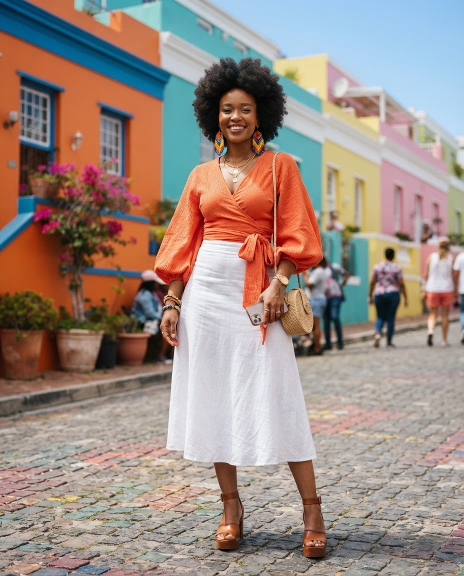 SKIPIKS AI fashion editorial — colorful, bohemian, chic — This look features a striking combination of bright, vivid colors. Complete the 