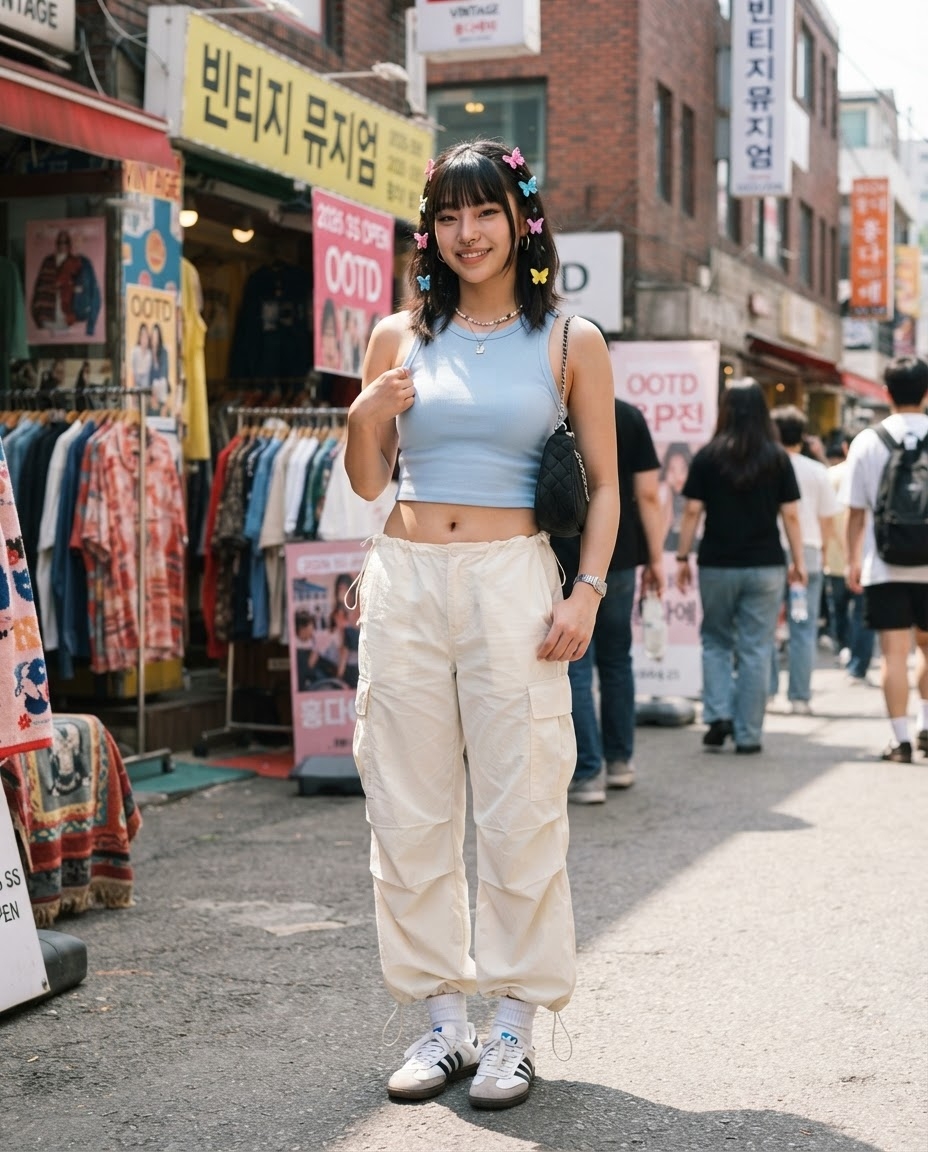 SKIPIKS AI fashion editorial — streetwear, feminine — A sky-blue crop top paired with ivory cargo pants creates a refreshing summer st