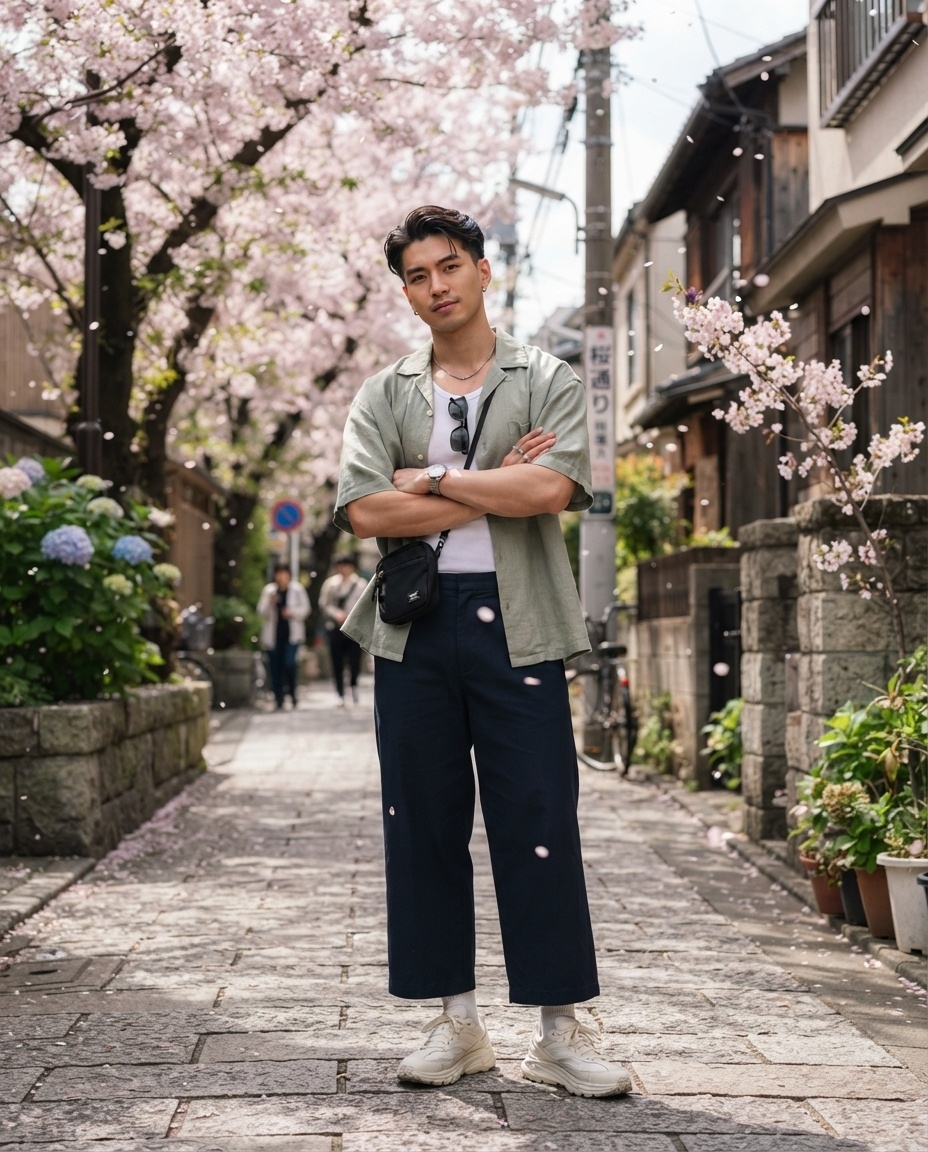 SKIPIKS AI 패션 화보 — minimalist, streetwear, casual — 부드러운 연한 녹색 셔츠가 봄날의 싱그러움을 더해주는 룩입니다. 네이비 팬츠와 크림색 운동화로 깔끔한 컬러 매치를 추천해요. 도심 산책이나 친구