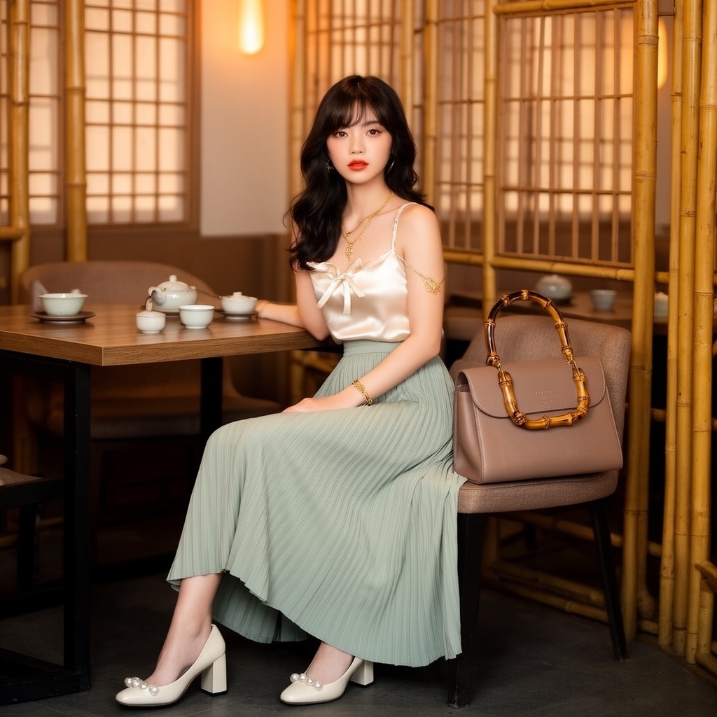 SKIPIKS AI 패션 화보 — feminine, chic — 우아한 실루엣과 부드러운 색감이 어우러진 페미닌한 스타일입니다. 새틴 리본 탑과 민트 플리츠 스커트의 조합은 고급스러운 분위기를 더해주며, 간단