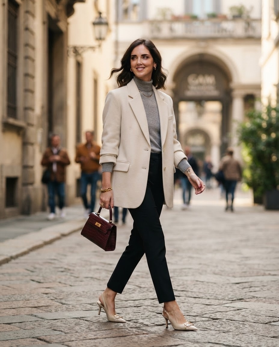 SKIPIKS AIファッション写真 — feminine, chic — ベージュのブレザーとグレーのタートルネックが調和し、高級感のある雰囲気を醸し出すルックです。シンプルな黒のスラックスとワインカラーのハンドバッグで洗練されたポイ