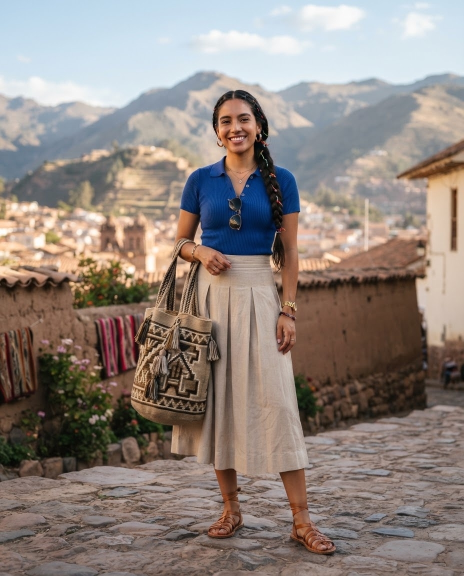 SKIPIKS AIファッション写真 — casual, bohemian, chic — 明るく涼しげな夏スタイルのコーディネートでは、青いニットがポイントになります。ベージュのフレアスカートと合わせて、爽やかなムードを演出してみてください。夏の休暇