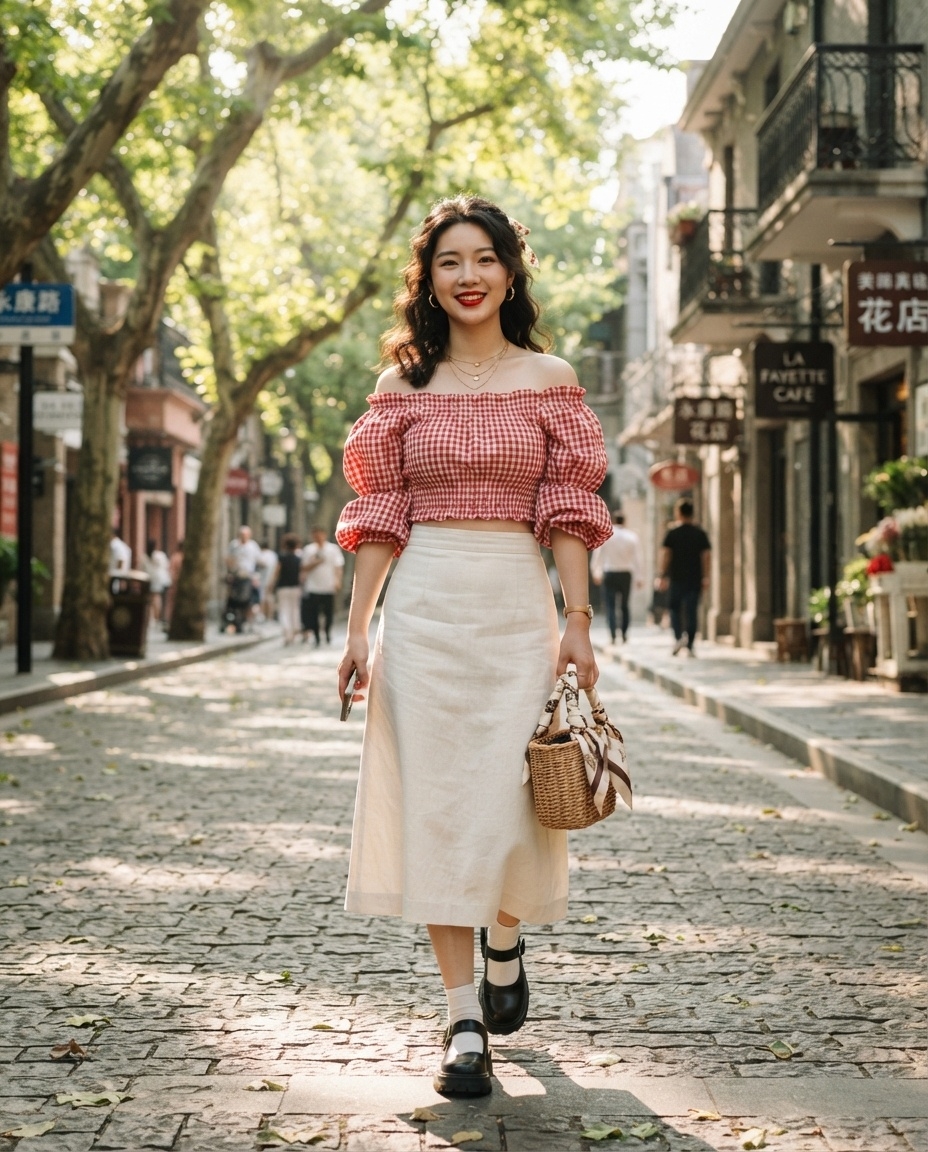 SKIPIKS AI fashion editorial — romantic, vintage, feminine — Pair a red check off-shoulder blouse with an ivory long skirt for a romantic vib