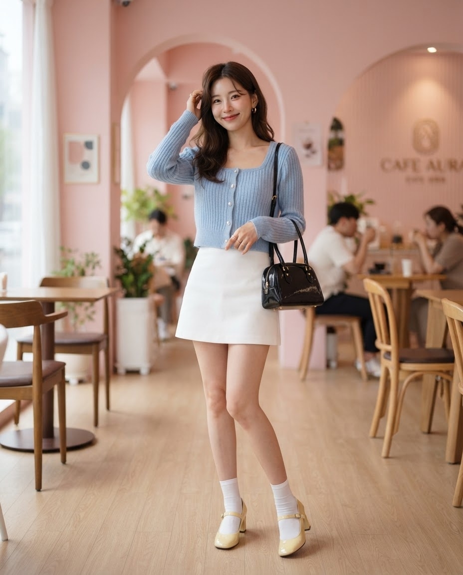 SKIPIKS AI 패션 화보 — feminine, cute — 블루 니트 가디건과 화이트 미니스커트의 조화가 상큼한 봄의 느낌을 물씬 풍깁니다. 진주 귀걸이와 크림 옐로우 메리제인 슈즈로 사랑스러운 포인트를