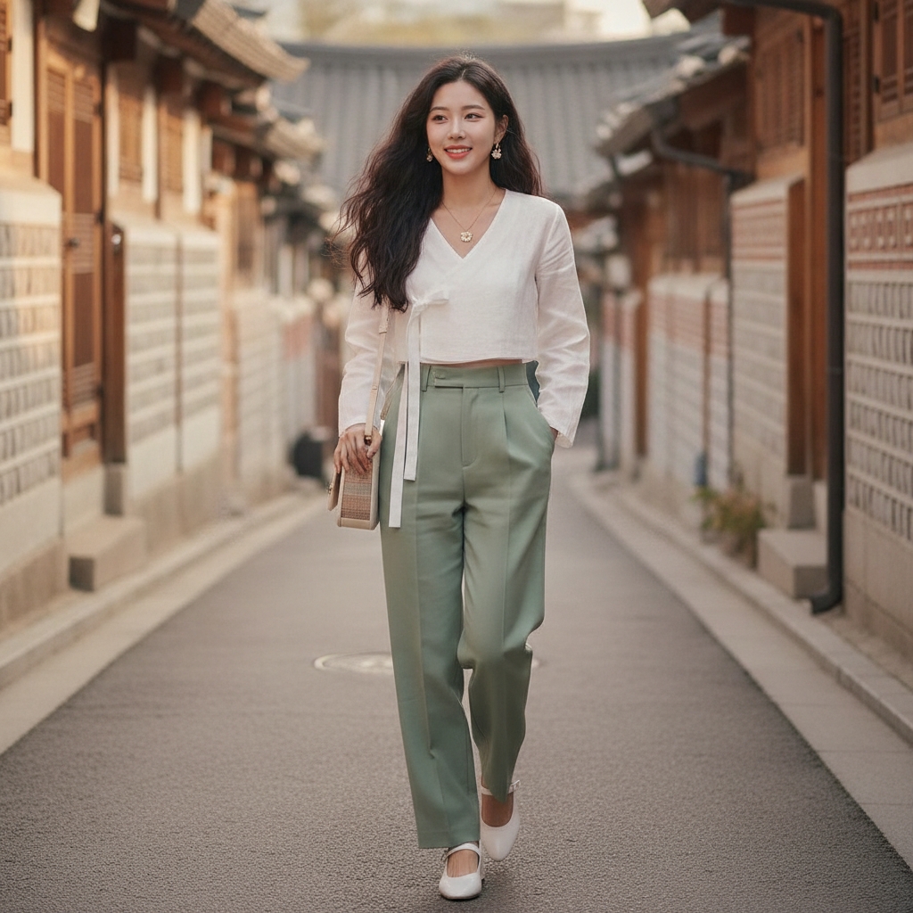 SKIPIKS AIファッション写真 — minimalist, feminine — このルックは、明るい春の日にぴったりの爽やかなカラーパレットが特徴です。清潔感のある白のラップブラウスは、柔らかな緑のスラックスと自然にマッチし、洗練された印象