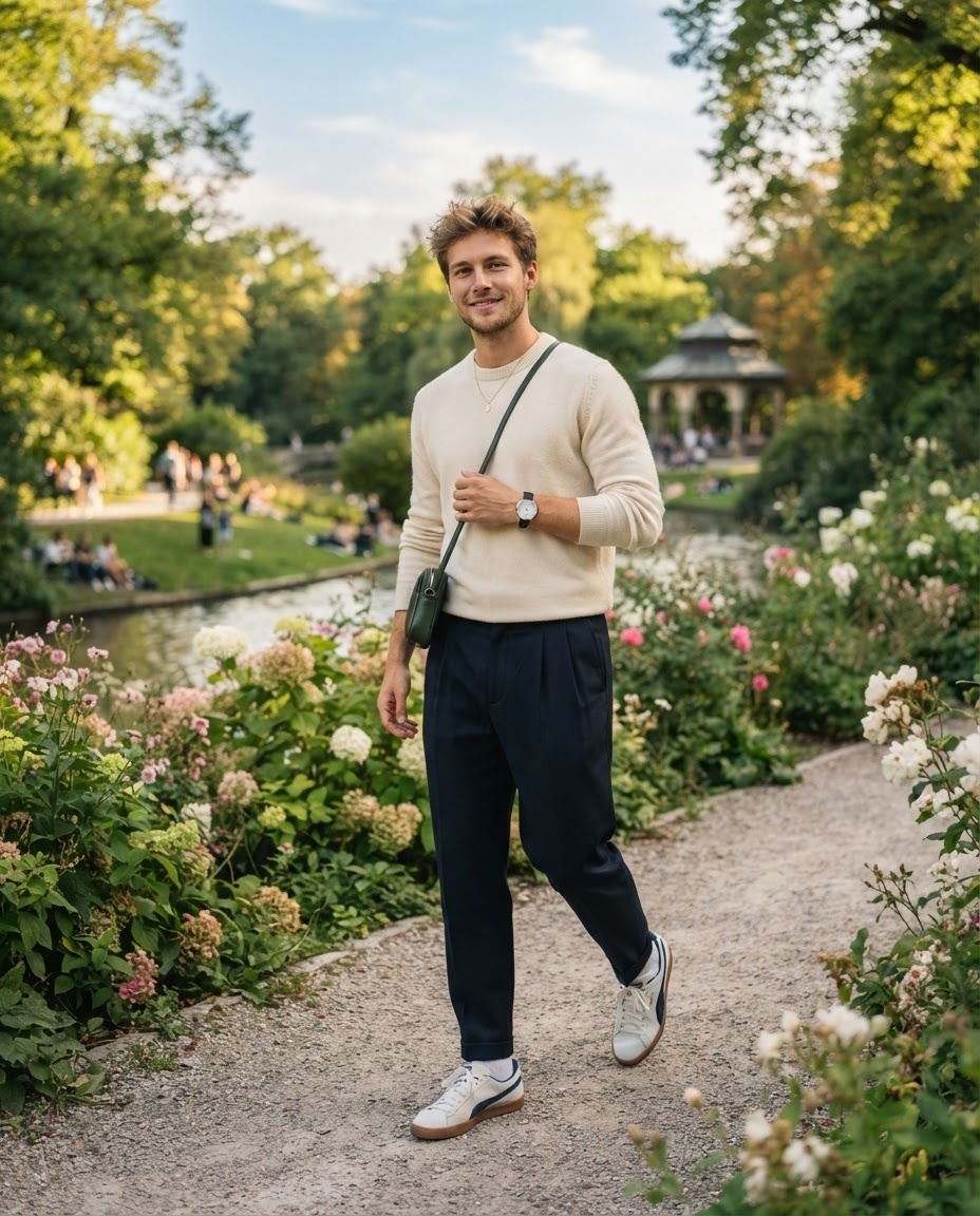 SKIPIKS AIファッション写真 — minimalist, casual — 柔らかなクリーム色のニットとネイビーのスラックスの組み合わせが、秋の爽やかで洗練された雰囲気を伝えます。カーキ色のクロスバッグを合わせて軽快なポイントを加え、ク
