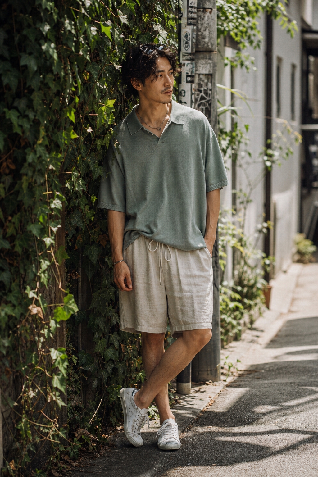 SKIPIKS AI时尚大片 — casual, summer, streetwear — 这款夏季造型由薄荷色的 polo 衫和米色短裤搭配，营造出清爽的感觉。搭配白色运动鞋，便可完成干净简约的日常风格。推荐作为周末散步或与朋友轻松见面的穿搭。