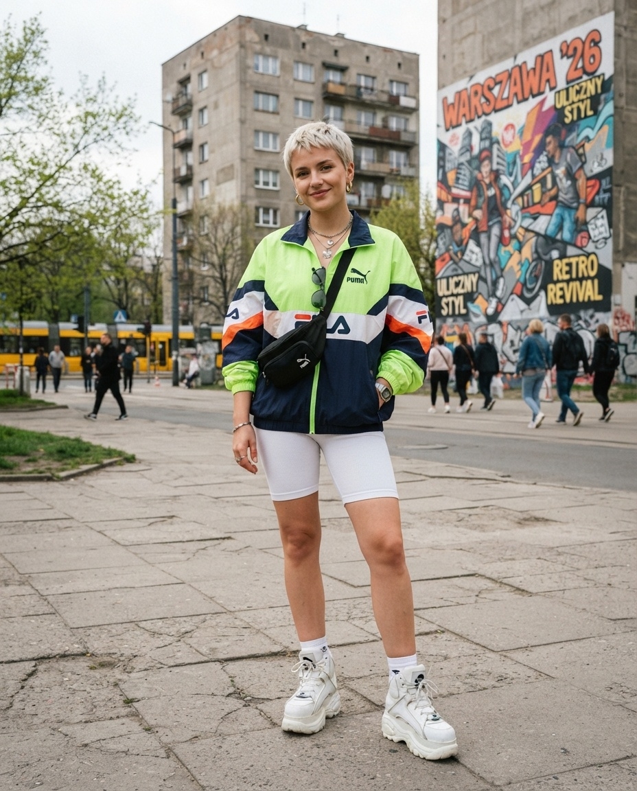 SKIPIKS AI fashion editorial — sporty, streetwear — The neon green windbreaker jacket and white biker shorts enhance the refreshing 