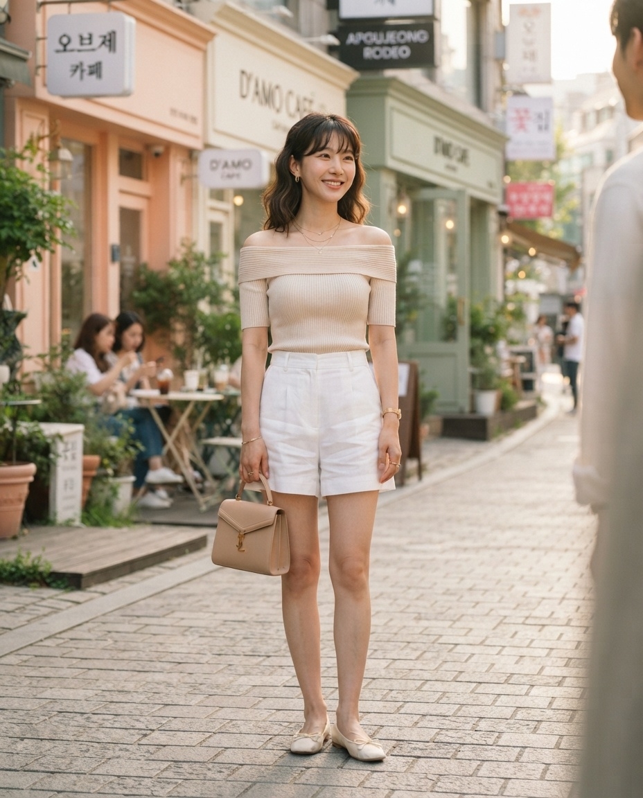 SKIPIKS AI时尚大片 — minimalist, romantic — 米色露肩针织衫与白色短裤的搭配营造出浪漫又优雅的氛围。搭配平底鞋和迷你包提升造型感。这是轻松夏季约会造型的推荐。
