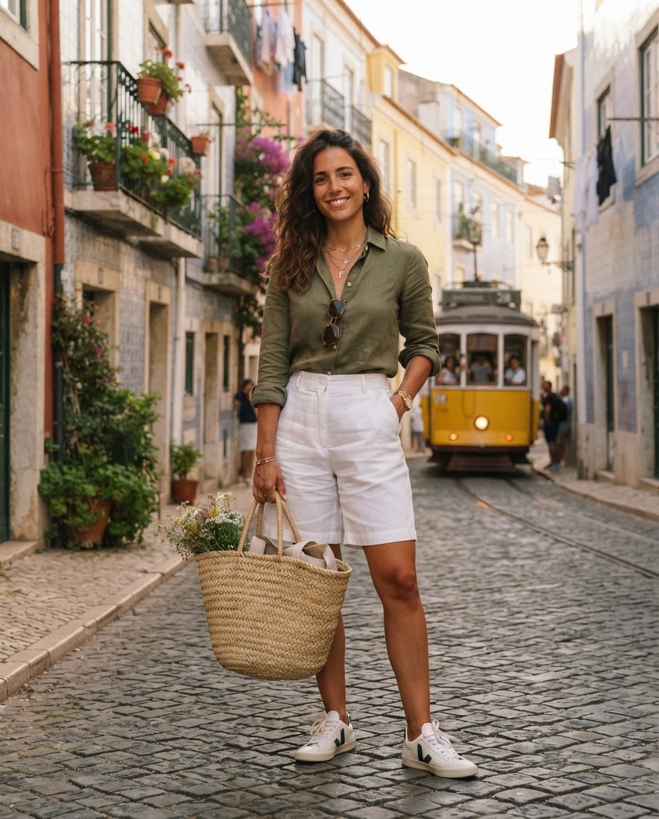 SKIPIKS AI fashion editorial — casual, elegant, natural — This is a chic summer look featuring a khaki shirt paired with white shorts. A r