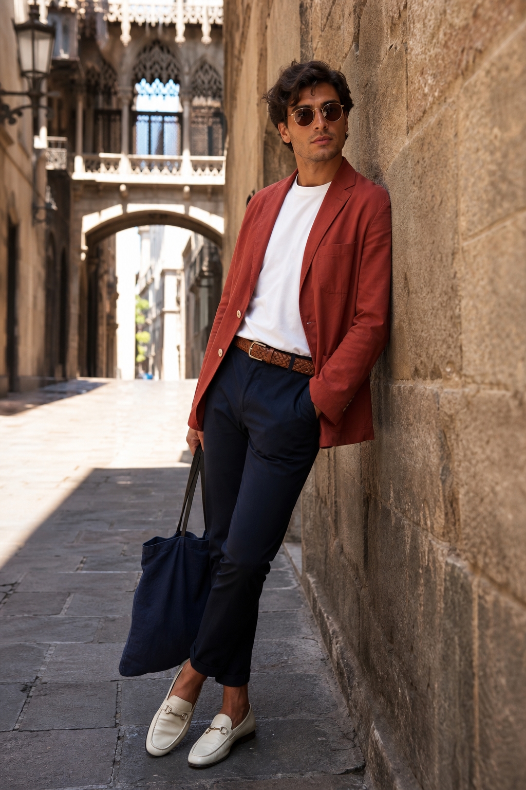 SKIPIKS AI 패션 화보 — dapper, classic, smart_casual — 붉은색 자켓과 흰색 티셔츠의 조합이 세련된 무드를 연출해줍니다. 네이비 팬츠와 아이보리 로퍼는 깔끔한 실루엣을 완성해주며, 갈색 선글라스가 포인