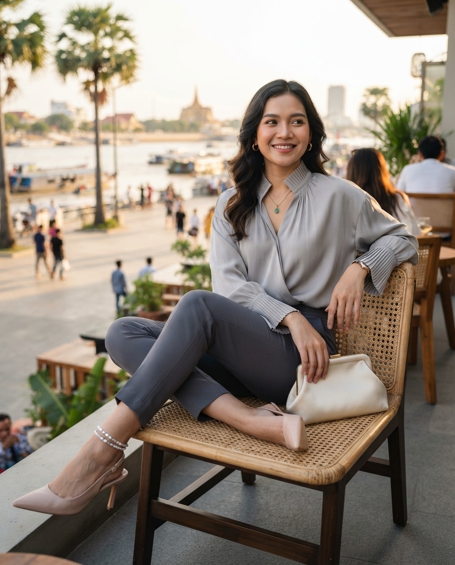 SKIPIKS AI fashion editorial — chic, professional — This look features a sophisticated gray-tone blouse paired with sleek slacks. Th