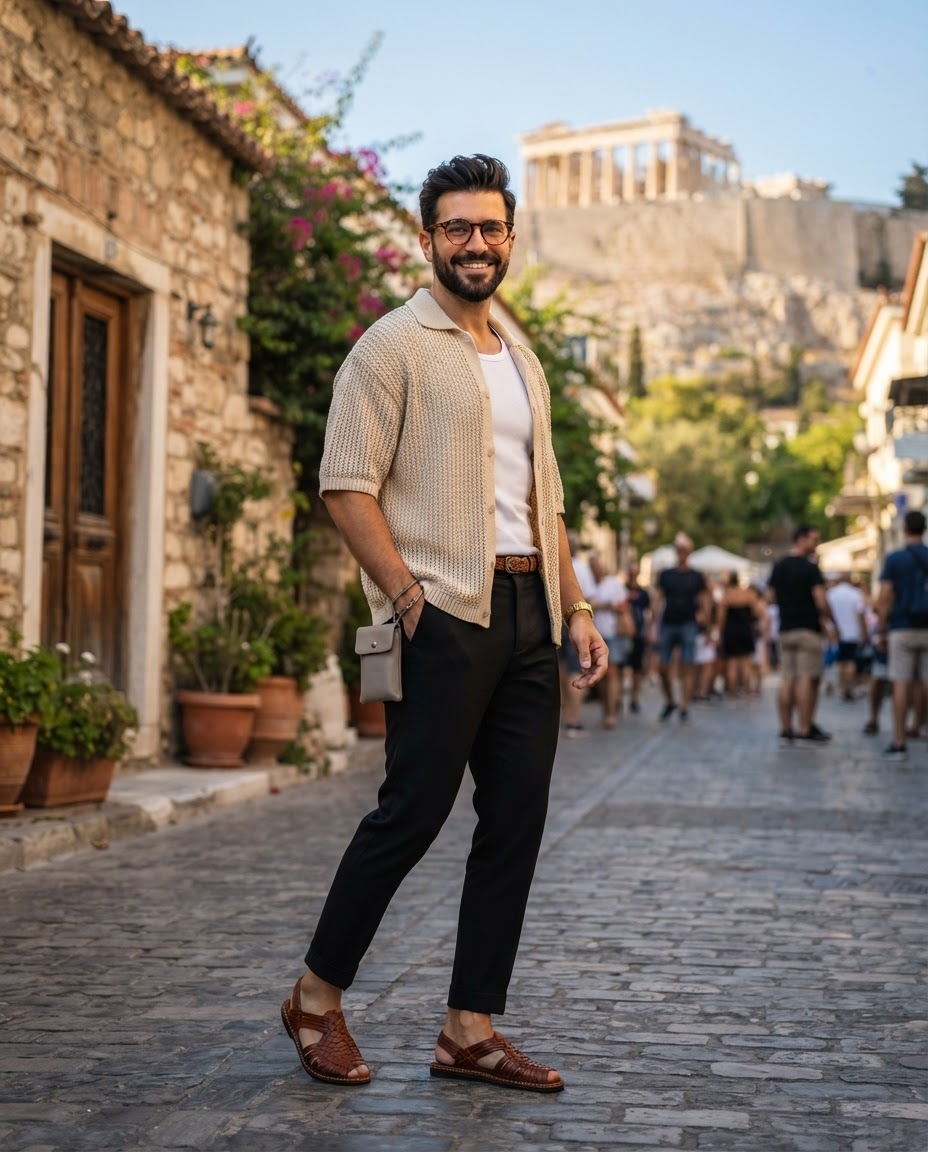 SKIPIKS AI fashion editorial — casual, smart_casual, modern — The beige knit cardigan paired with a white t-shirt creates a natural vibe perfe
