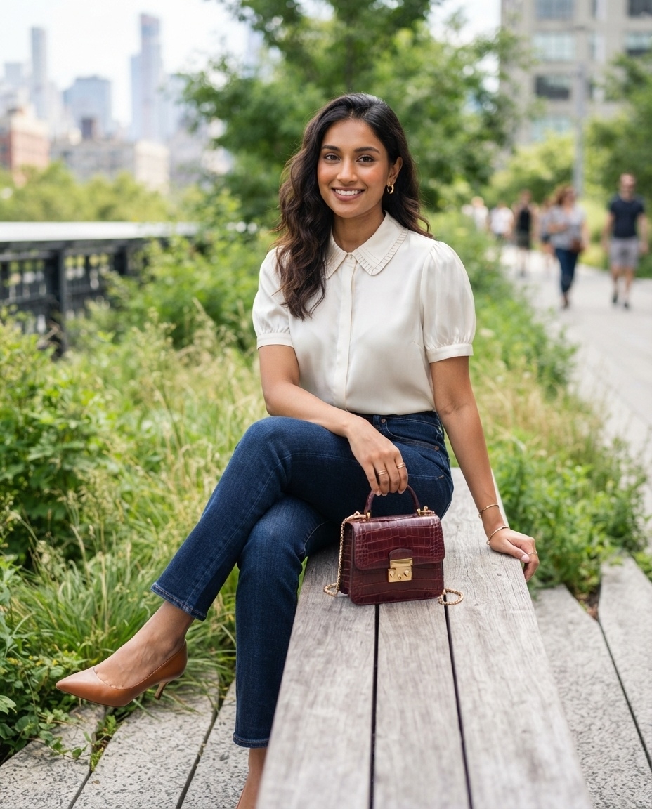 SKIPIKS AIファッション写真 — chic, casual, feminine — アイボリーブラウスとジーンズが調和し、洗練されたシティルックが完成します。ブラウンのパンプスとバーガンディのハンドバッグが女性らしさを引き立てます。春のアウトド
