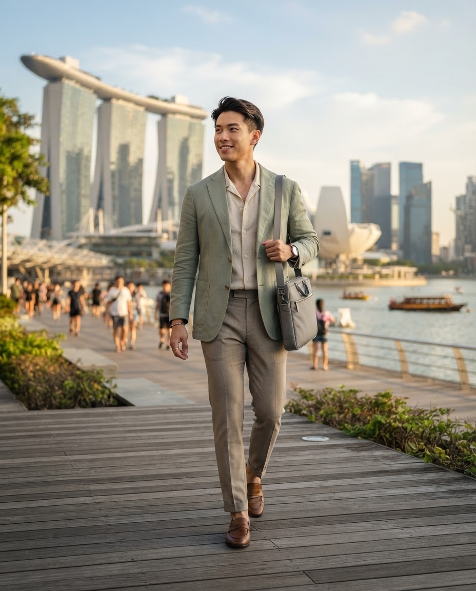 SKIPIKS AI时尚大片 — business_casual, modern, urban — 浅绿色夹克与奶油色衬衫的搭配和谐，营造出干净而优雅的感觉。可以用棕色乐福鞋等经典鞋款来完成这个造型。非常适合春天的日常办公室穿搭或城市散步，展现出优雅气质。