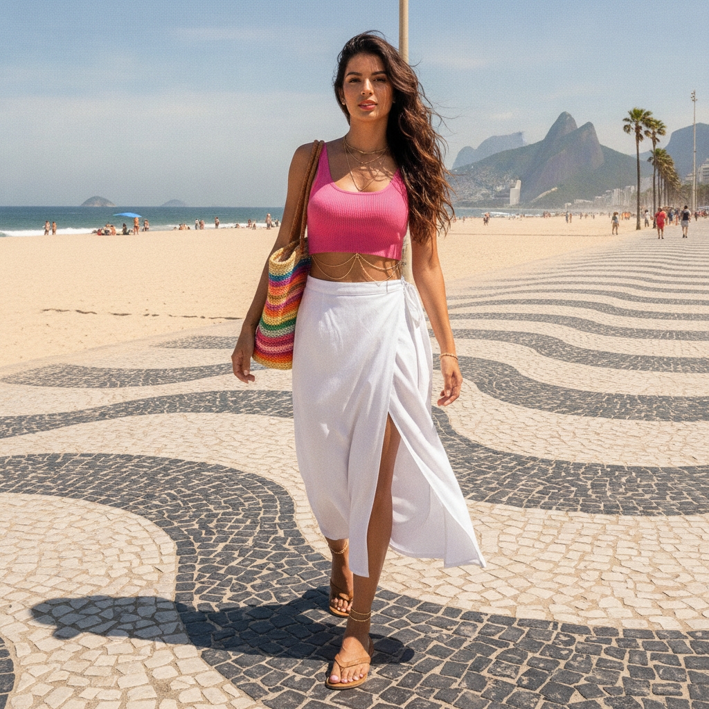 SKIPIKS AI fashion editorial — beachwear, casual, feminine — The combination of a vibrant pink crop top and a white wrap skirt brings a caref