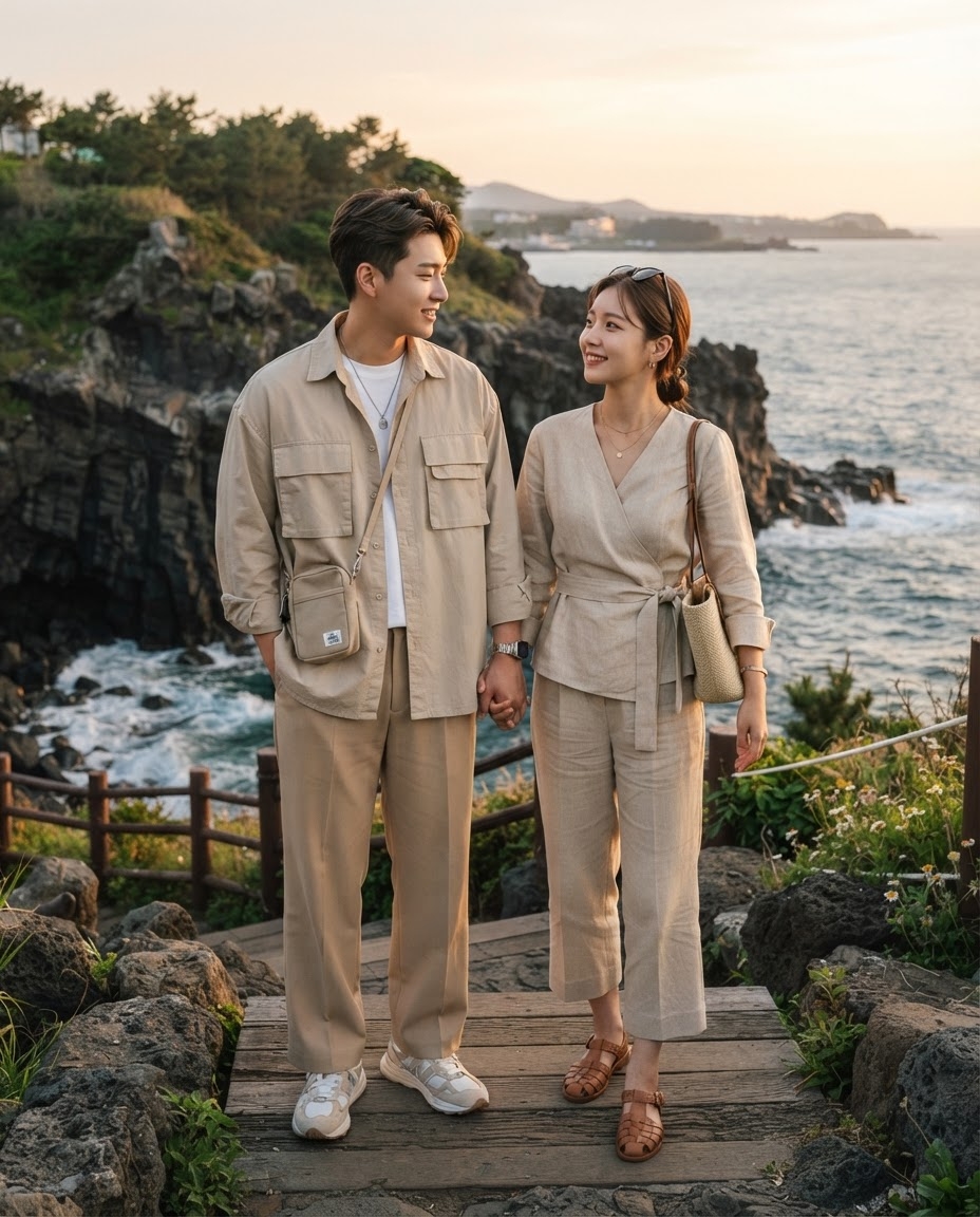 SKIPIKS AI fashion editorial — couple, casual, retro — A couple's look in natural beige tones enhances the beach vibe. The men's shirt 