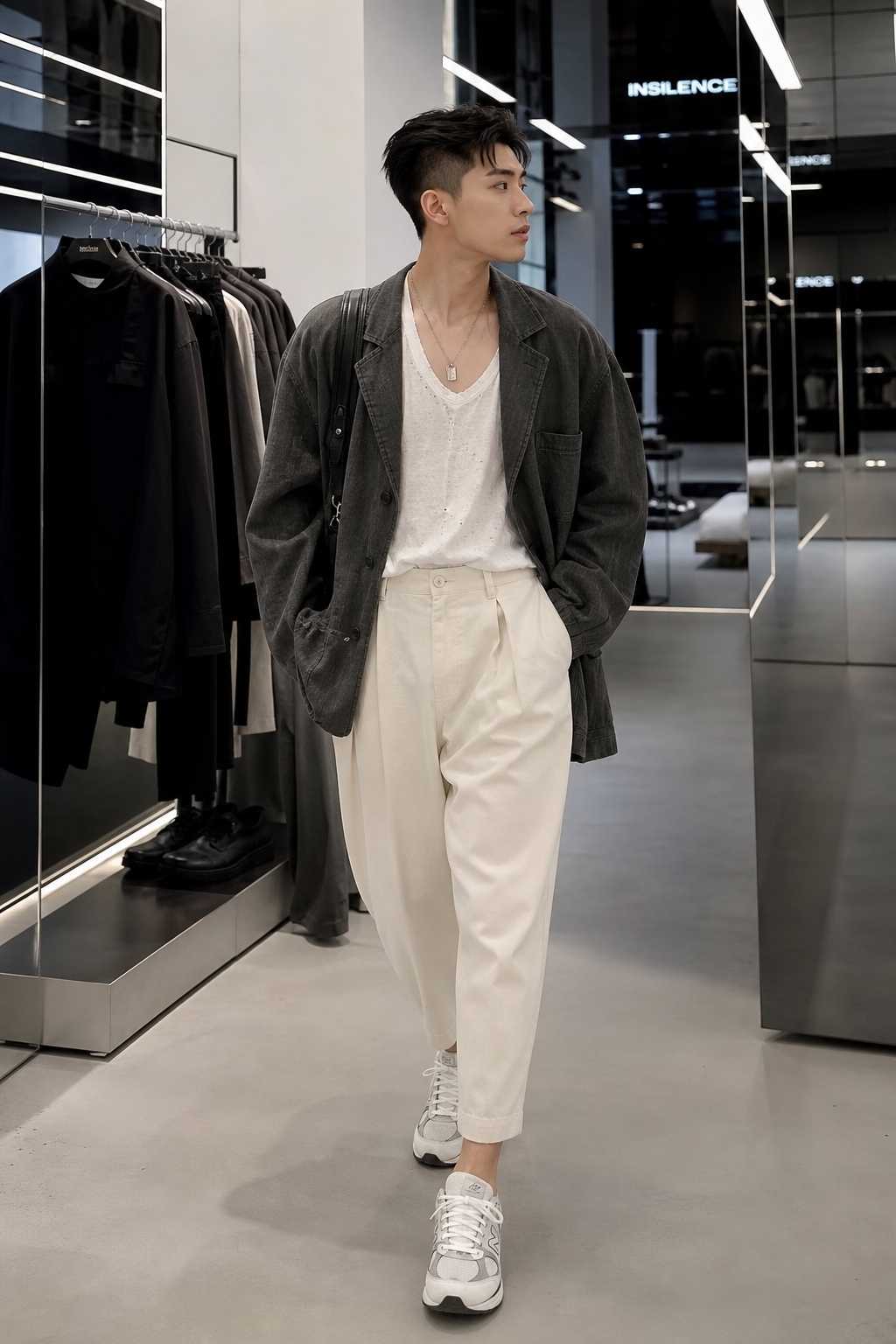 SKIPIKS AI时尚大片 — minimalist, streetwear — 通过优雅的色彩组合打造都市感的半休闲造型。皮革飞行员夹克与奶油色锥形裤搭配，形成时尚的轮廓。搭配干净的运动鞋和银色项链，推荐这种日常也不失风格的搭配。