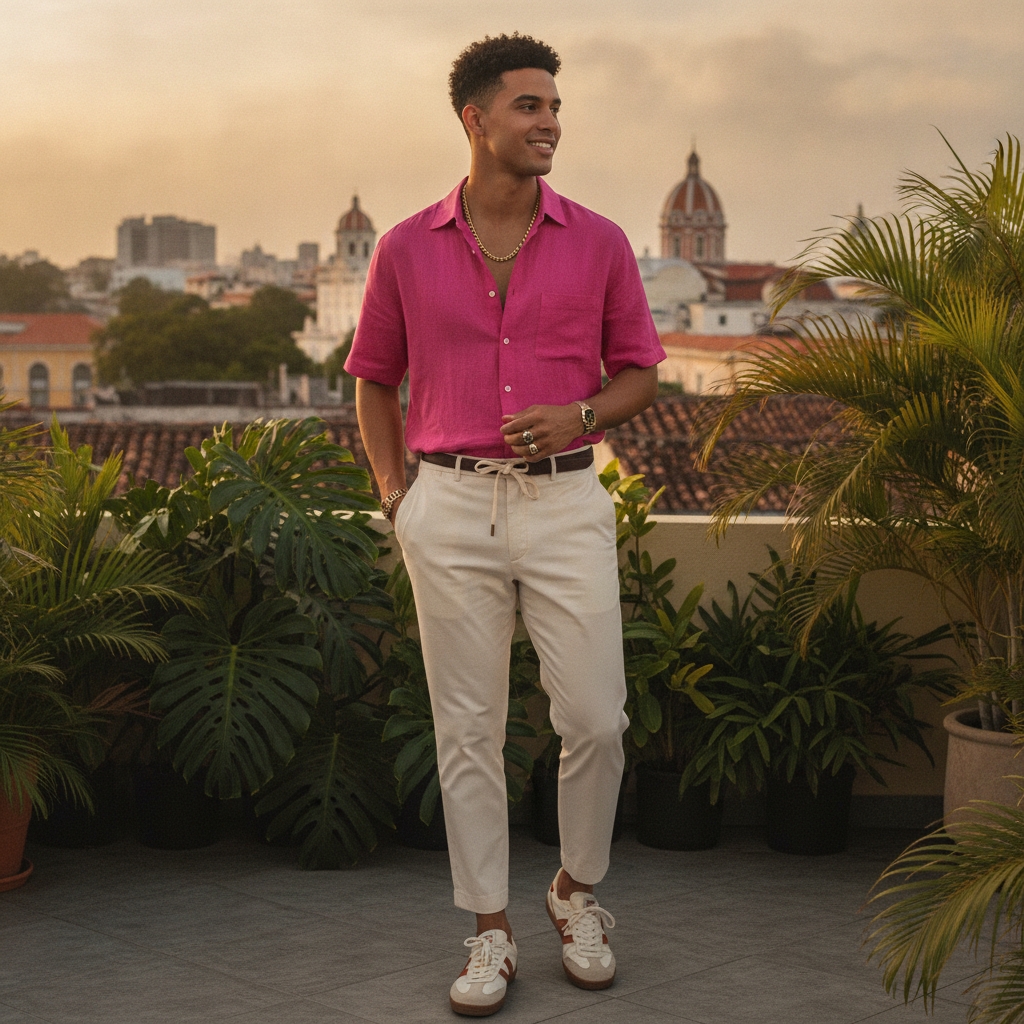 SKIPIKS AI fashion editorial — casual, chic — Pair a vibrant pink shirt with cream slacks to create a bright and cheerful summ