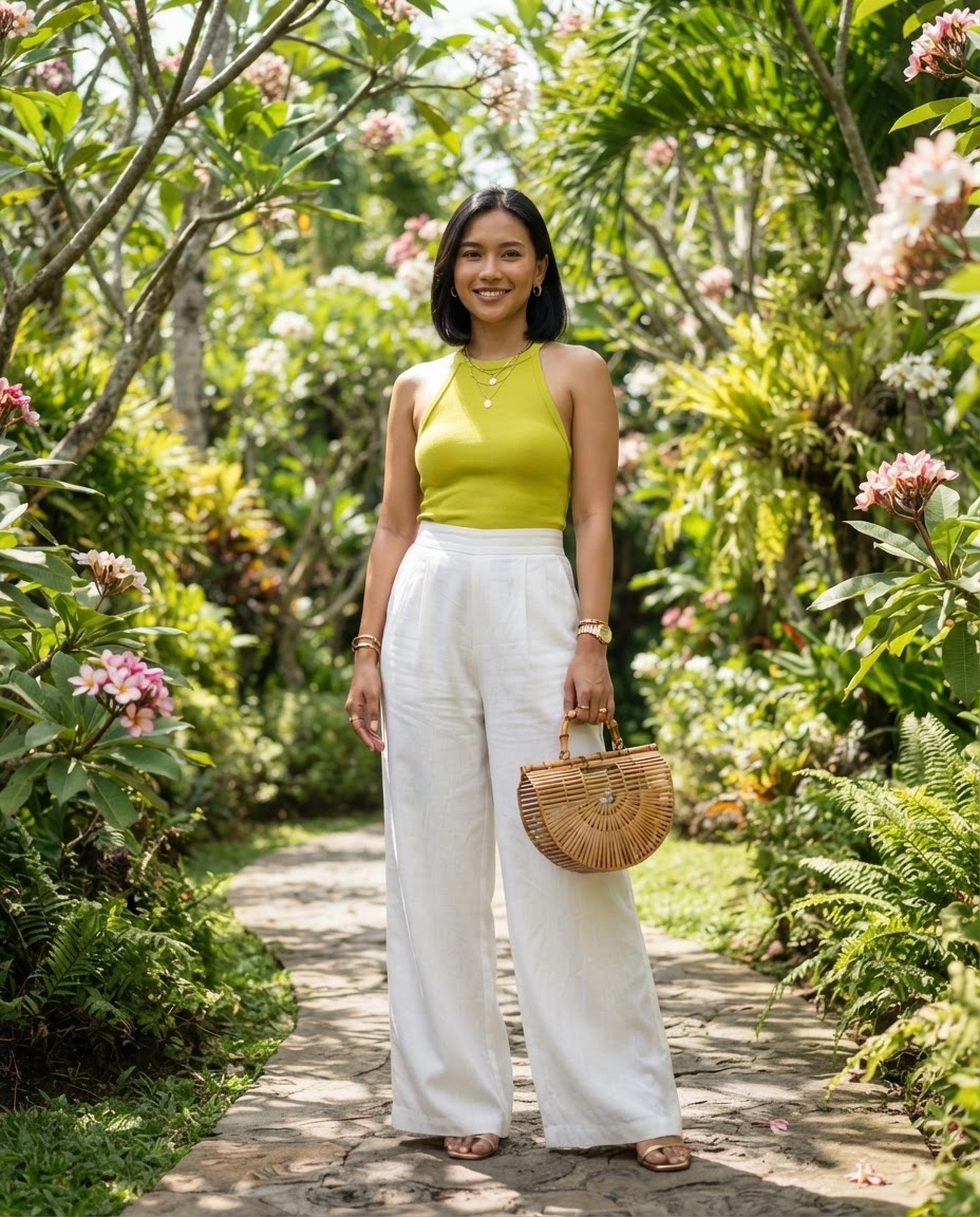 SKIPIKS AI fashion editorial — bohemian, chic — A mint green sleeveless top paired with white wide-leg pants conveys a refreshin