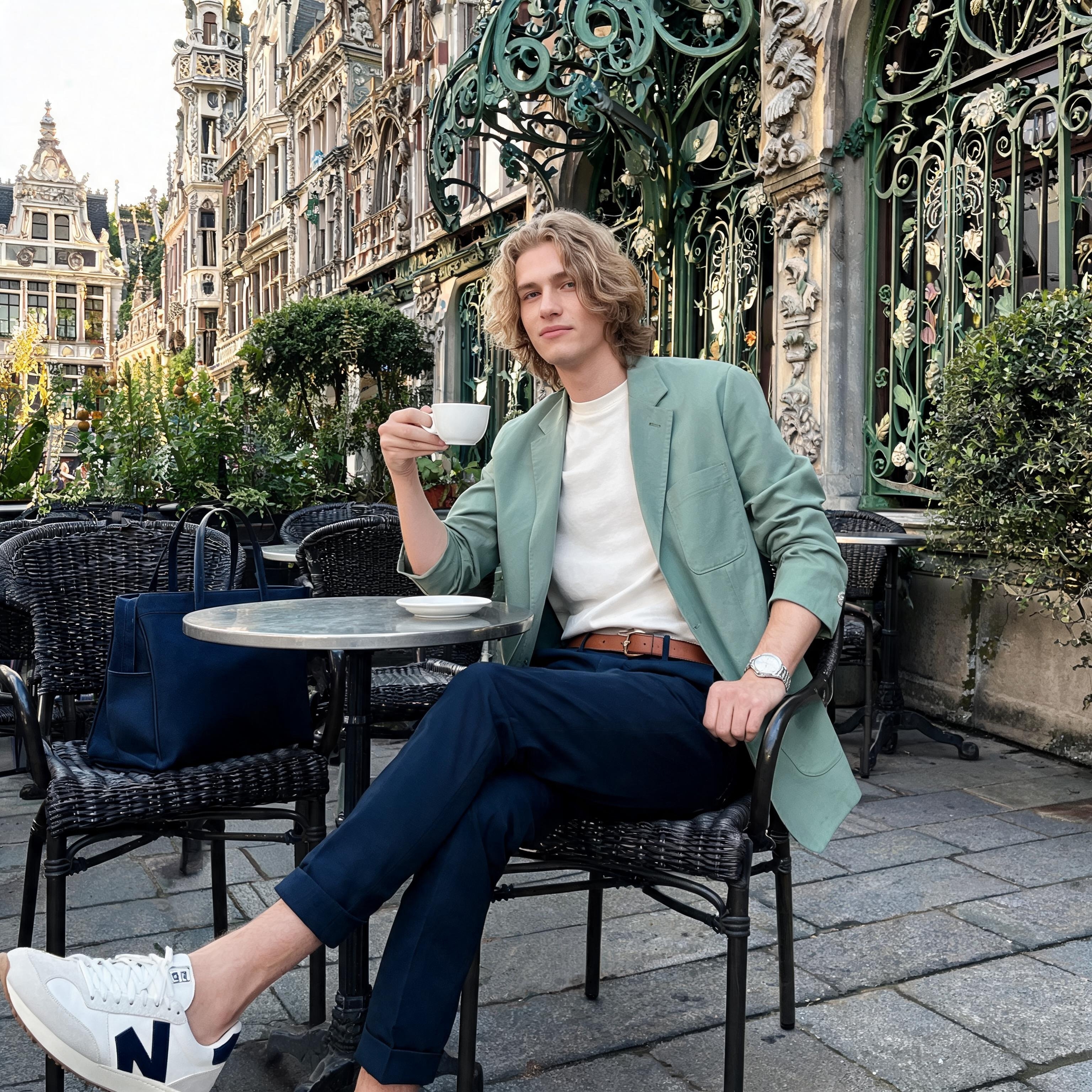 SKIPIKS AI fashion editorial — minimalist, smart casual — The combination of a subtle mint blazer and navy pants exudes a chic and modern 