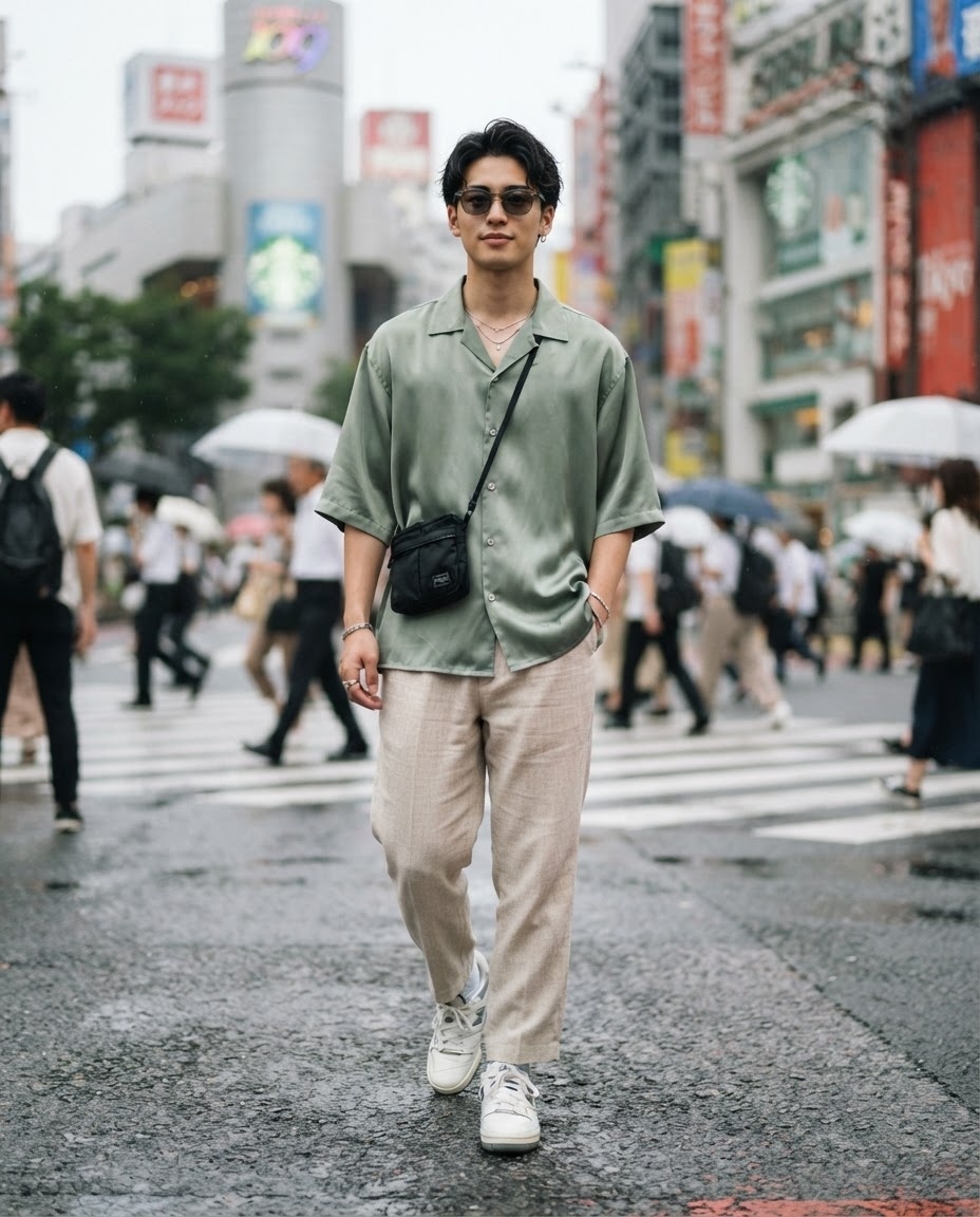 SKIPIKS AI fashion editorial — minimalist, streetwear — This look combines a natural khaki shirt with beige pants for a comfortable urba