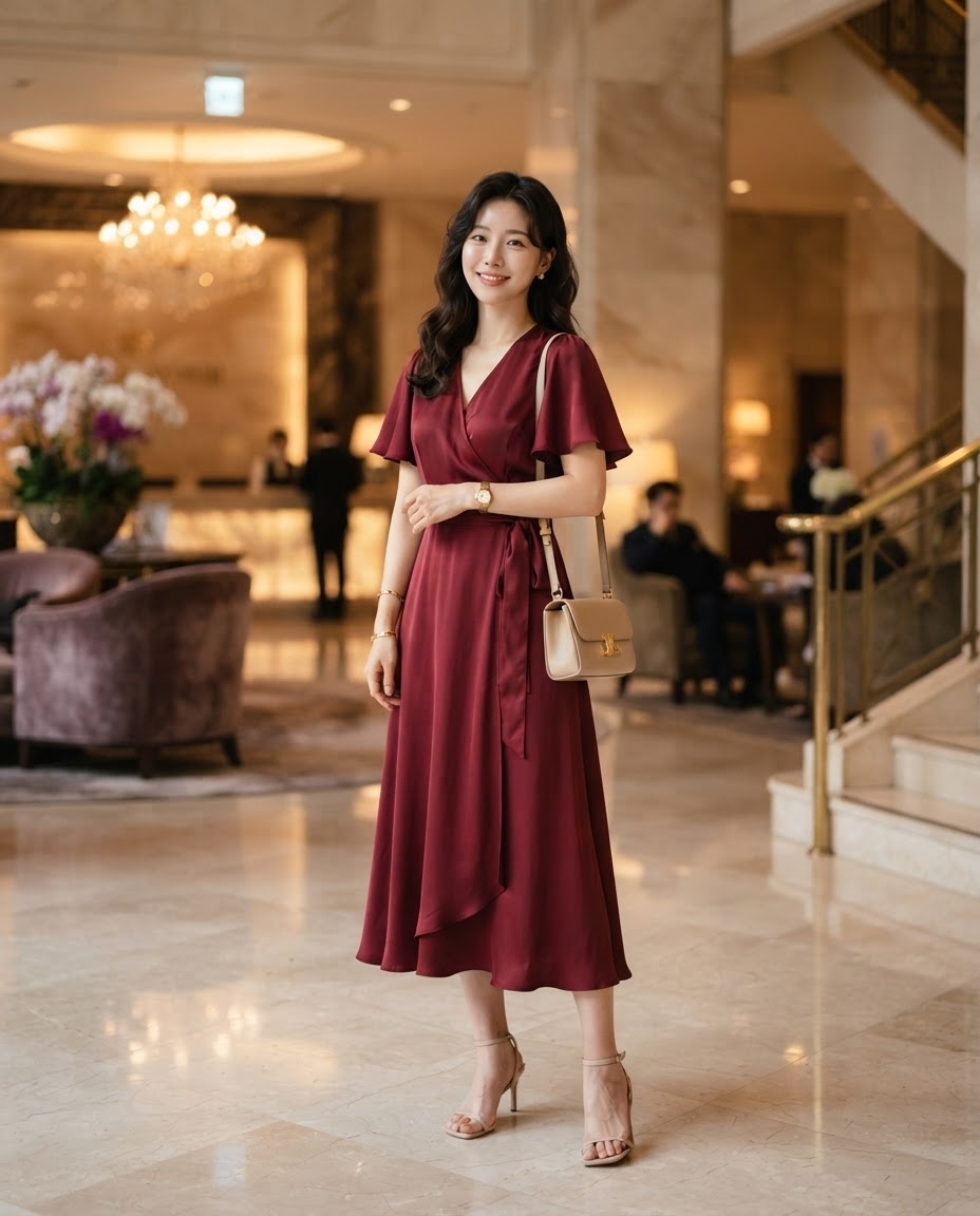 SKIPIKS AI时尚大片 — feminine, elegant — 优雅的酒红色裹身裙营造出精致的氛围。搭配米色带跟高跟鞋，能展现出更修长的轮廓。适合办公室或约会造型，建议用金色手表作为点缀。