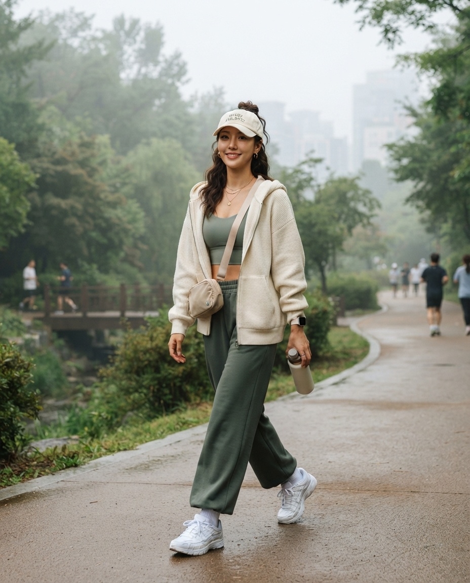 SKIPIKS AI fashion editorial — athleisure, casual — This sporty autumn casual look is completed with practical items. The combinatio