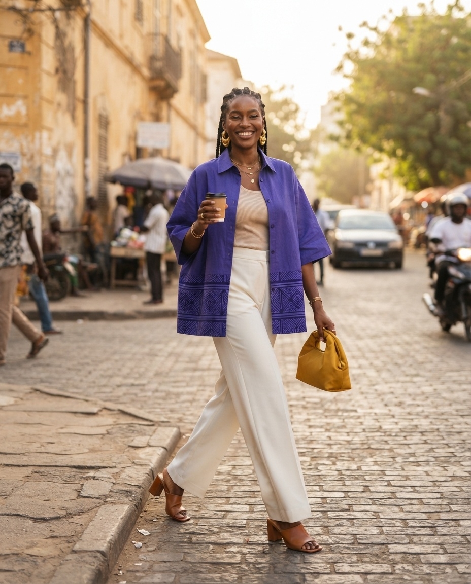 SKIPIKS AIファッション写真 — casual, chic — この目を引く紫のカーディガンは、夏の日の都会の散歩に最適です。ベージュのトップと白いパンツを組み合わせて、クリーンで落ち着いた雰囲気を演出しましょう。そこに黄色