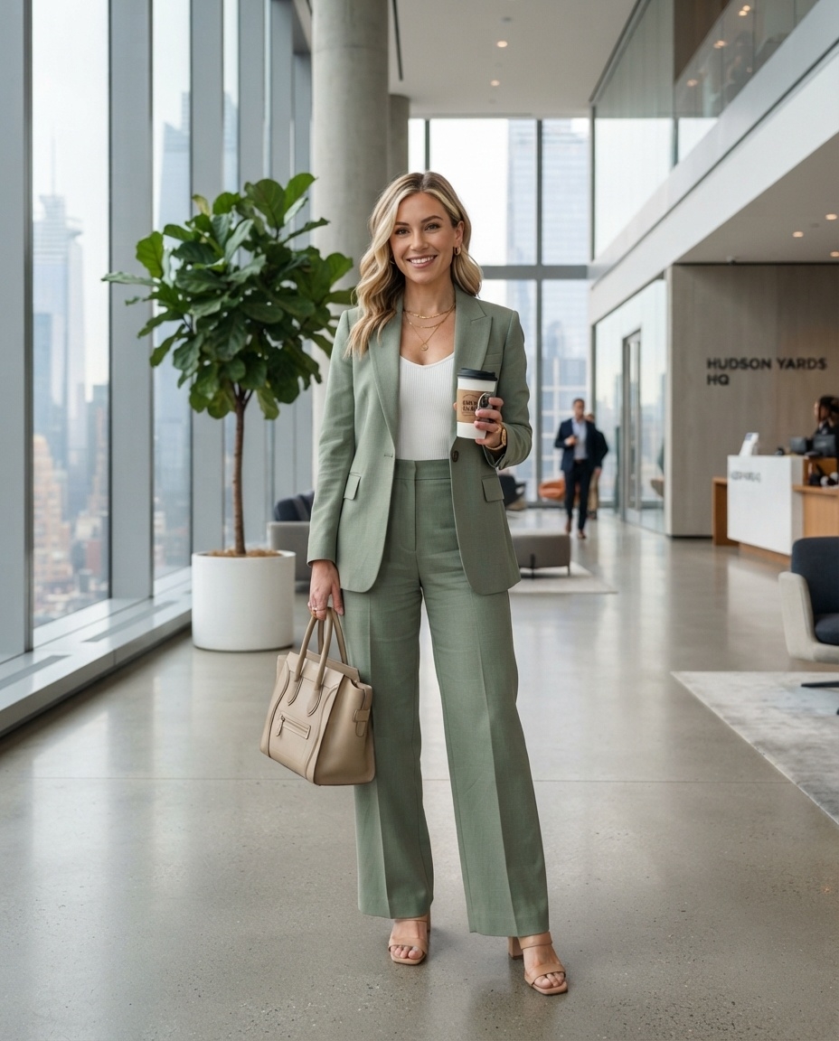 SKIPIKS AI时尚大片 — business_casual, minimalist, chic — 这款办公室造型以优雅的灰色西装搭配白色上衣，营造出奢华的氛围。米色手提包和凉鞋增添了柔和的色调，成为亮点。非常适合春季商务会议或都市感的日常造型。
