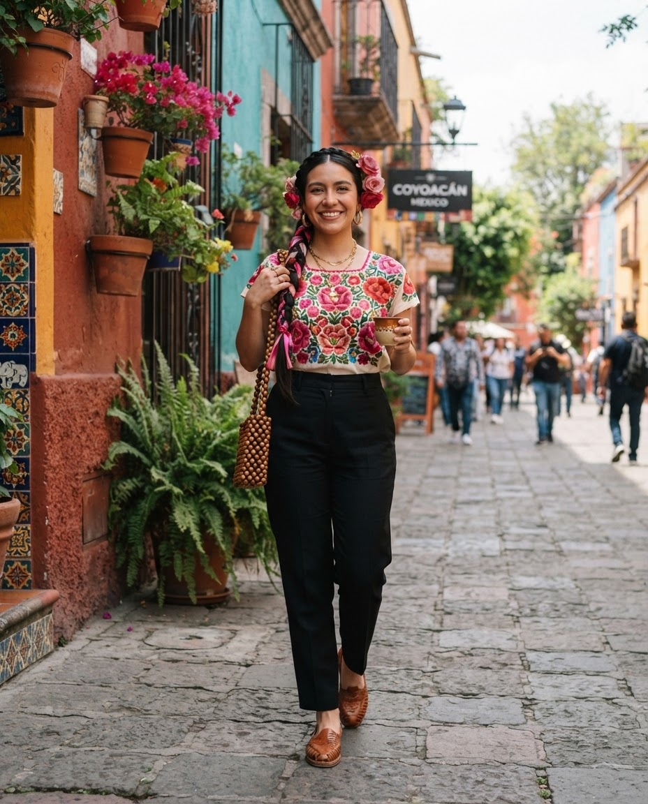 SKIPIKS AI fashion editorial — vintage, bohemian — The vibrant floral tee and black pants create a harmonious vintage vibe. The flo