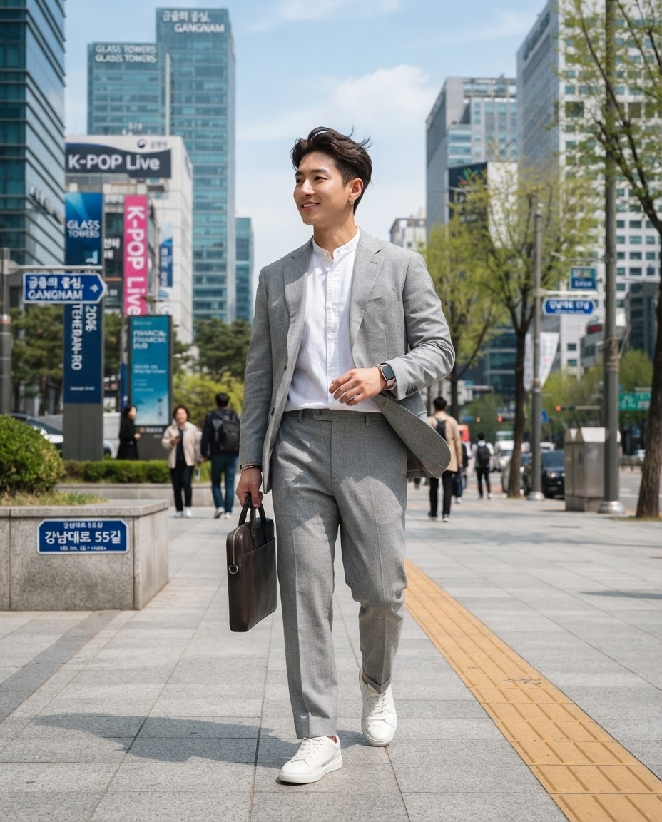 SKIPIKS AIファッション写真 — business_casual, smart — グレーのスーツと白いシャツの組み合わせは、洗練された都会的なビジネスカジュアルスタイルを完成させます。ブラウンのブリーフケースがポイントとなり、さまざまなシーン